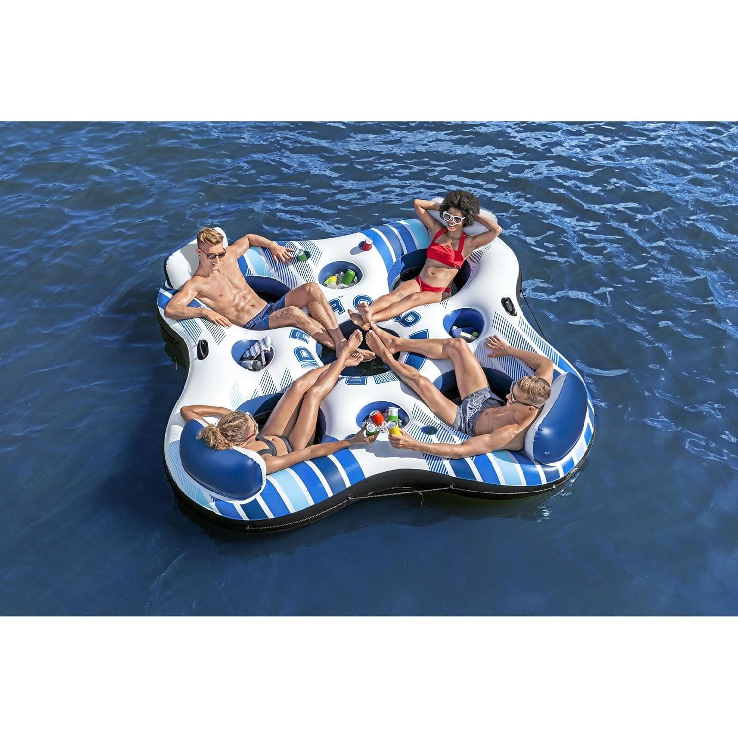 Hydro-Force Rapid Durable Rider Quad 4 Person River Tube with Built In Coolers, Cup Holders and Heavy Duty Handles, Multicolor