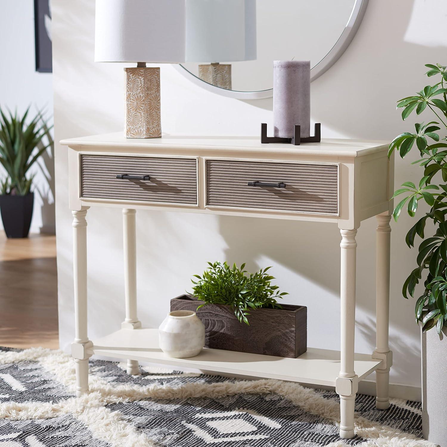 SAFAVIEH Ryder Solid 2 Drawer Console Table, Distressed White/Griege