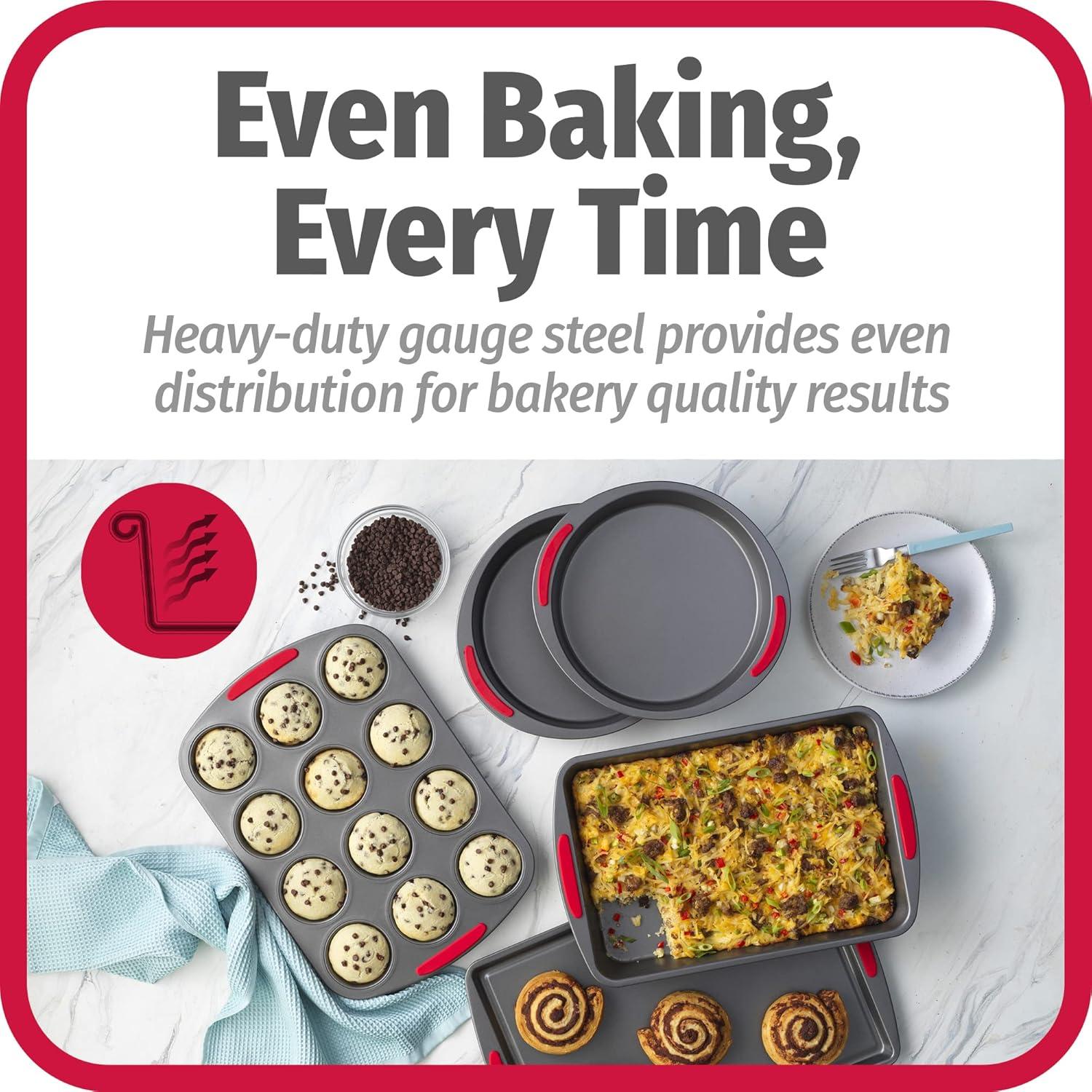 GoodCook Mega Grip 5-Piece Nonstick Steel Bakeware Set with Cookie Sheet, Roast Pan, 2 Cake Pans, and Muffin Pan, Gray,Gray