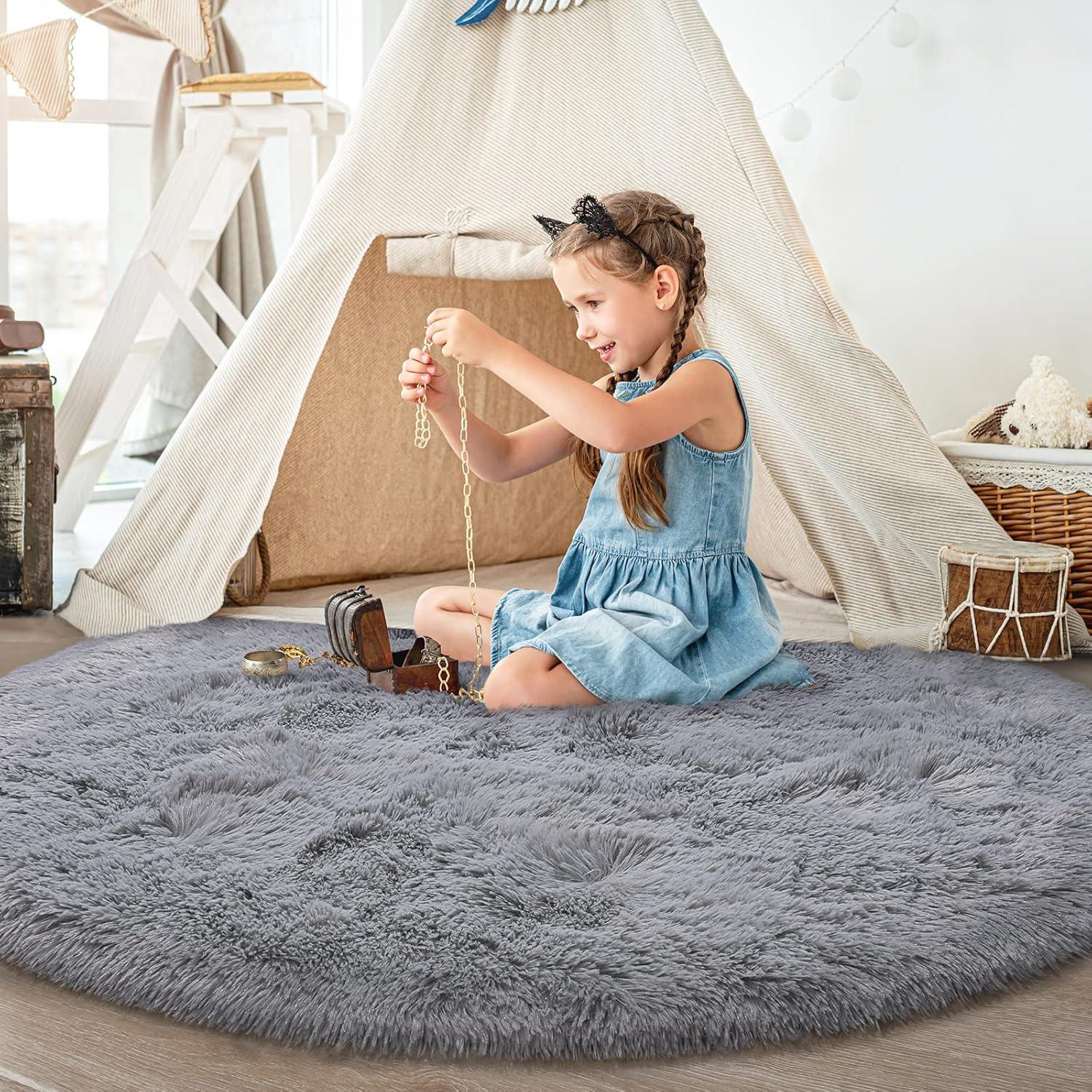 Arogan Luxury Round Fluffy Area Rugs for Bedroom Kids Girls Room Nursery, Super Soft Circle Rug, Cute Shaggy Carpet for Children Living Room, 5ft Gray