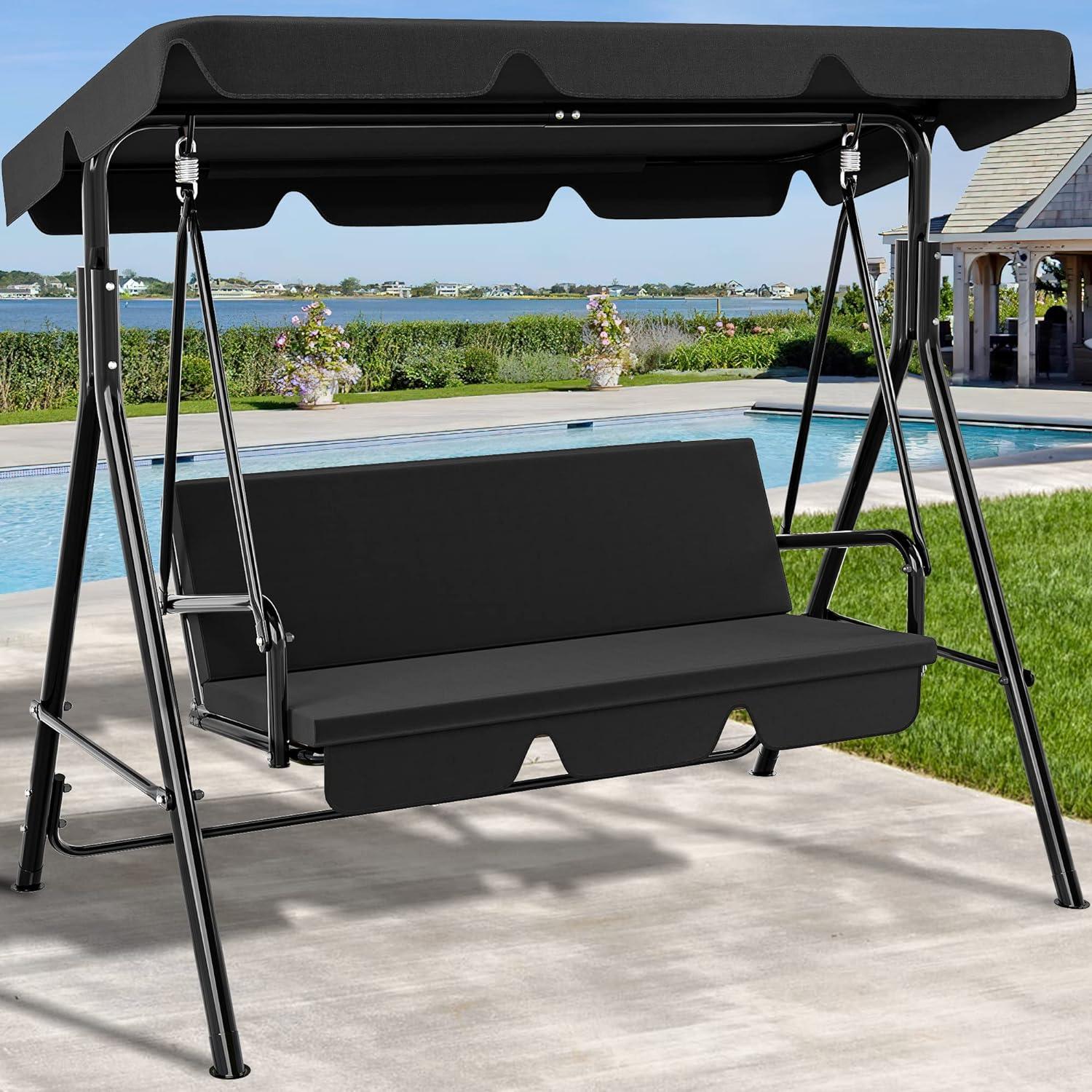 Black Steel 3-Person Outdoor Patio Swing with Adjustable Canopy