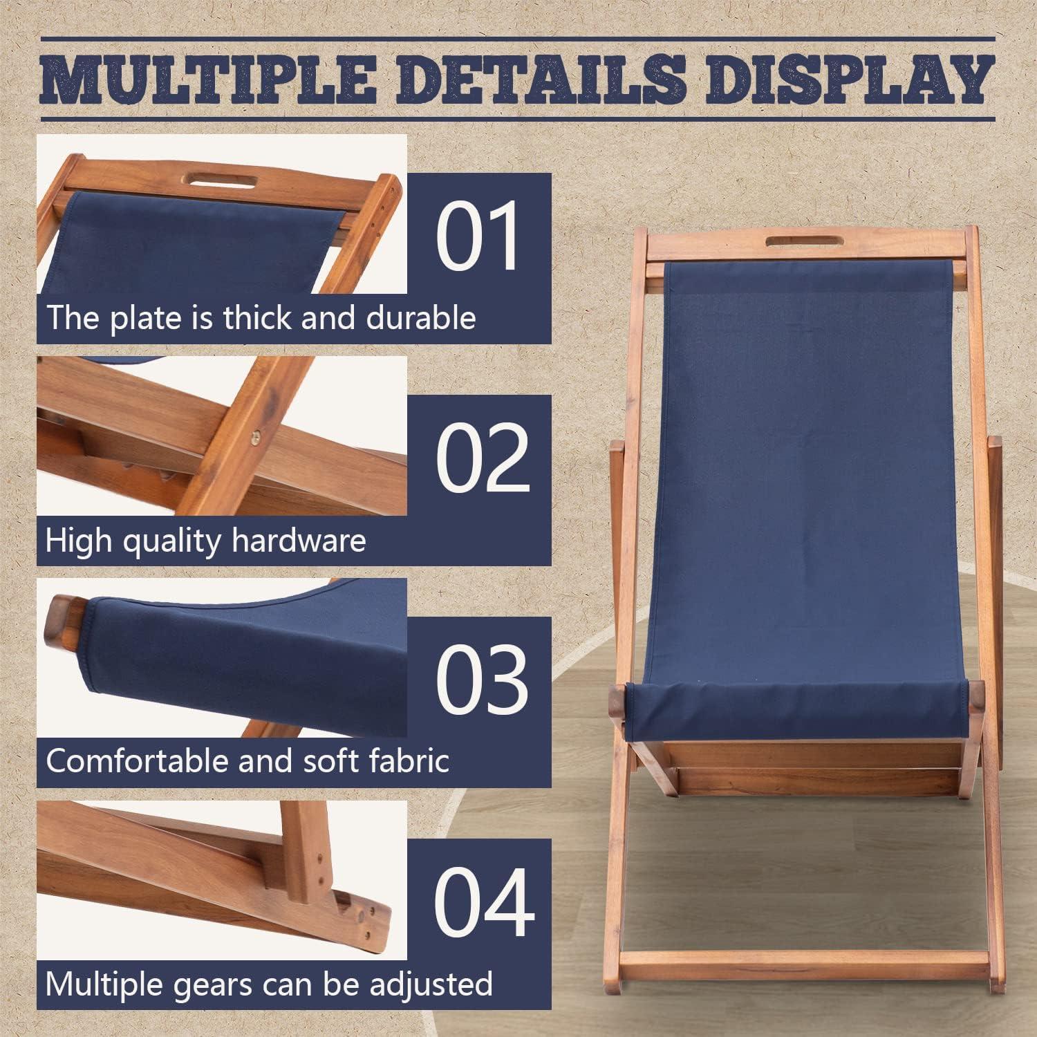 FDW Beach Sling Patio Chair for Relaxing, Foldable with Adjustable Height Made from Eucalyptus Wood with White Polyester,Khaki