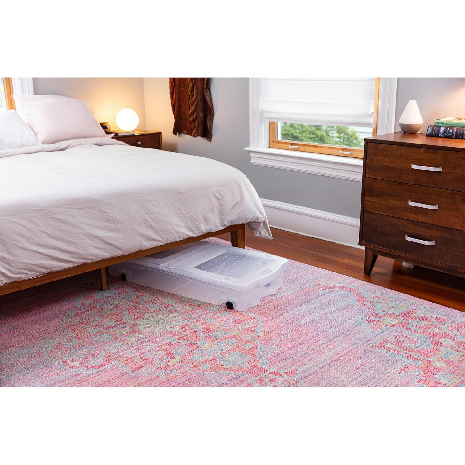 Rubbermaid Under Bed Wheeled Storage Box, 2-Pack, Made In USA, Plastic Containers With Dual-Hinged Lids And Sturdy Wheels, Visible Organization For Tight Spaces