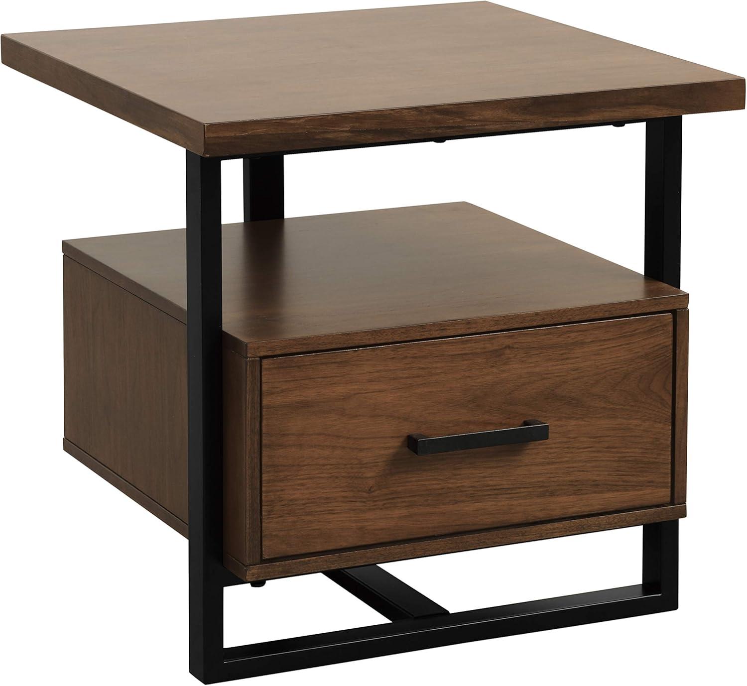 Walnut and Black Metal 22" Square End Table with Drawer