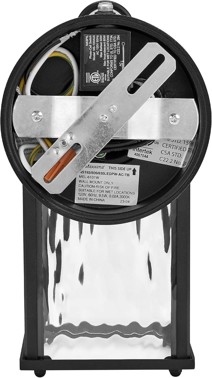 Maxxima LED Porch Lantern Outdoor Wall Light, Black with Clear Water Glass, Photocell Sensor, 650 Lumens, Dusk to Dawn Sensor, 3000K Warm White, Modern Exterior Patio Sconce Lantern