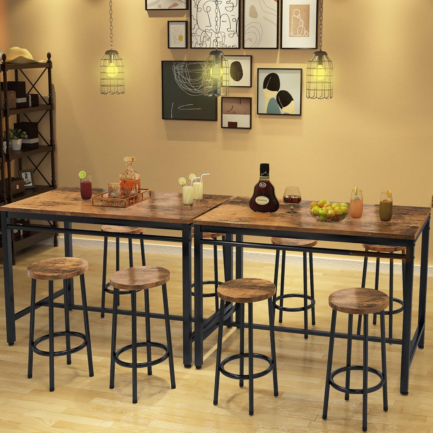 Rustic Brown Pub Table Set with 4 Round Stools