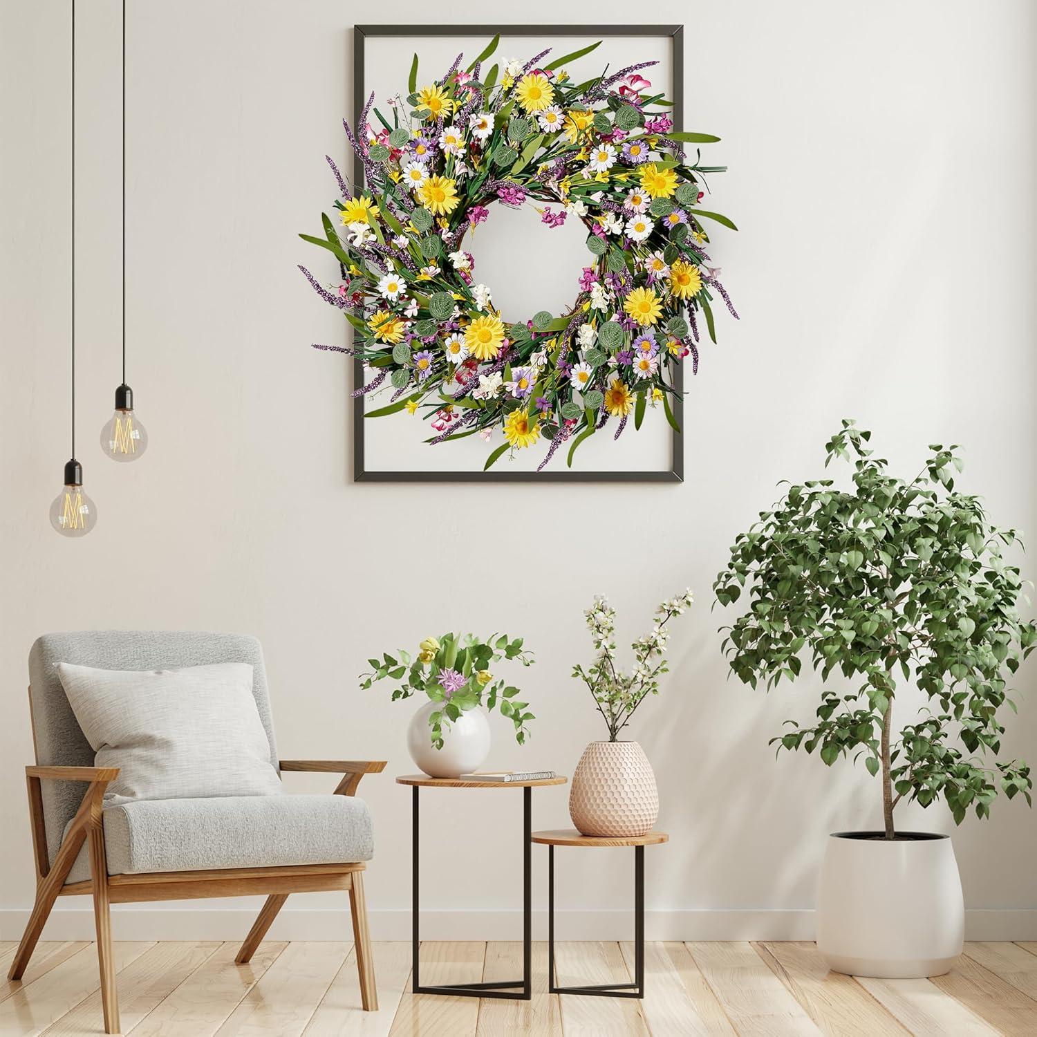 Sggvecsy Daisy and Lavender Wreath 22’’ Wildflower Spring Summer Artificial Silk Wreath for Front Door Home Wall Wedding Festival Farmhouse Holiday Decor