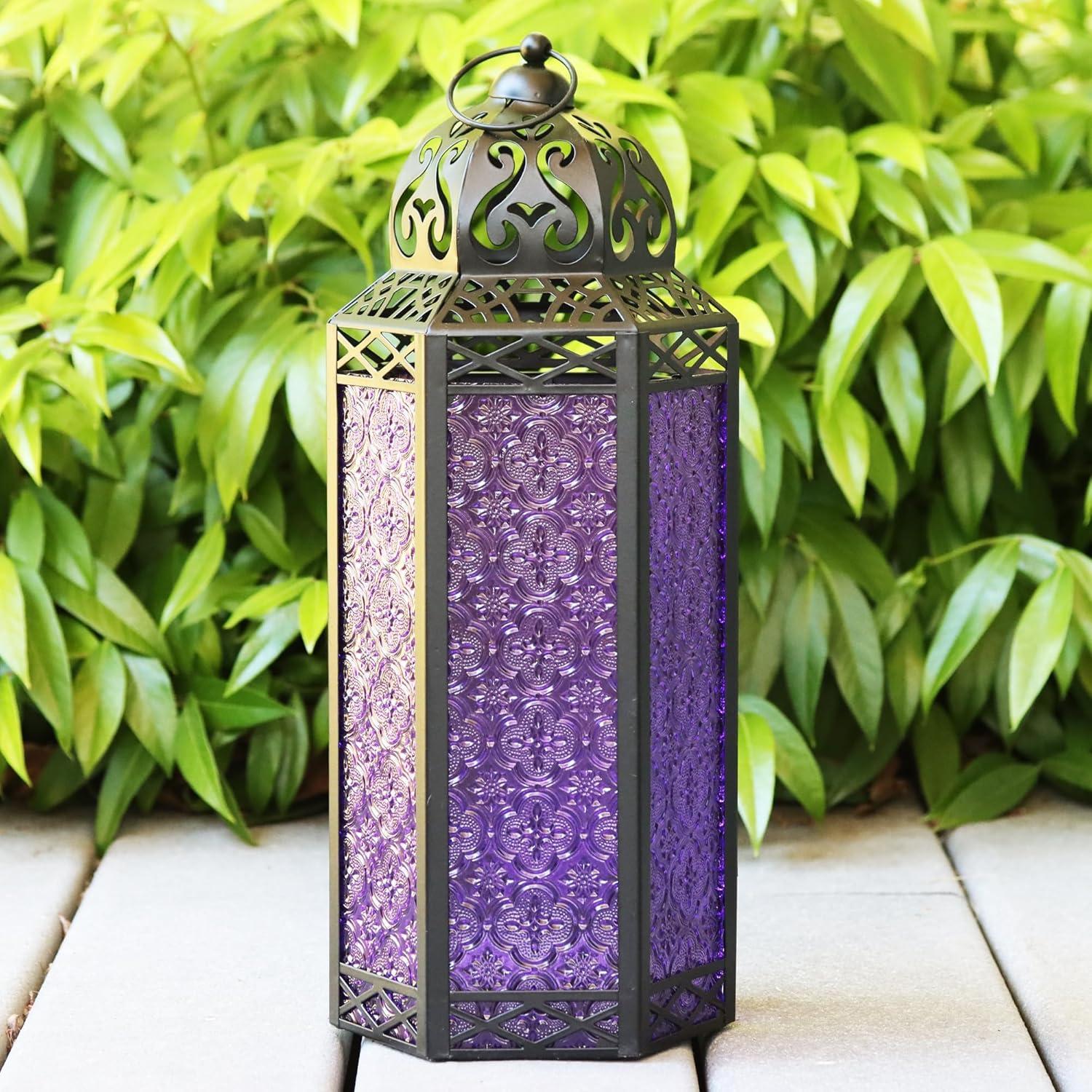 VELA LANTERNS 10.5" Moroccan Lamp Lantern Decorative Candle Holder for Indoor Outdoor Home Decor, Patio, Weddings, Ramadan Decorations, Black Metal, Purple Glass, Medium, Set of 3