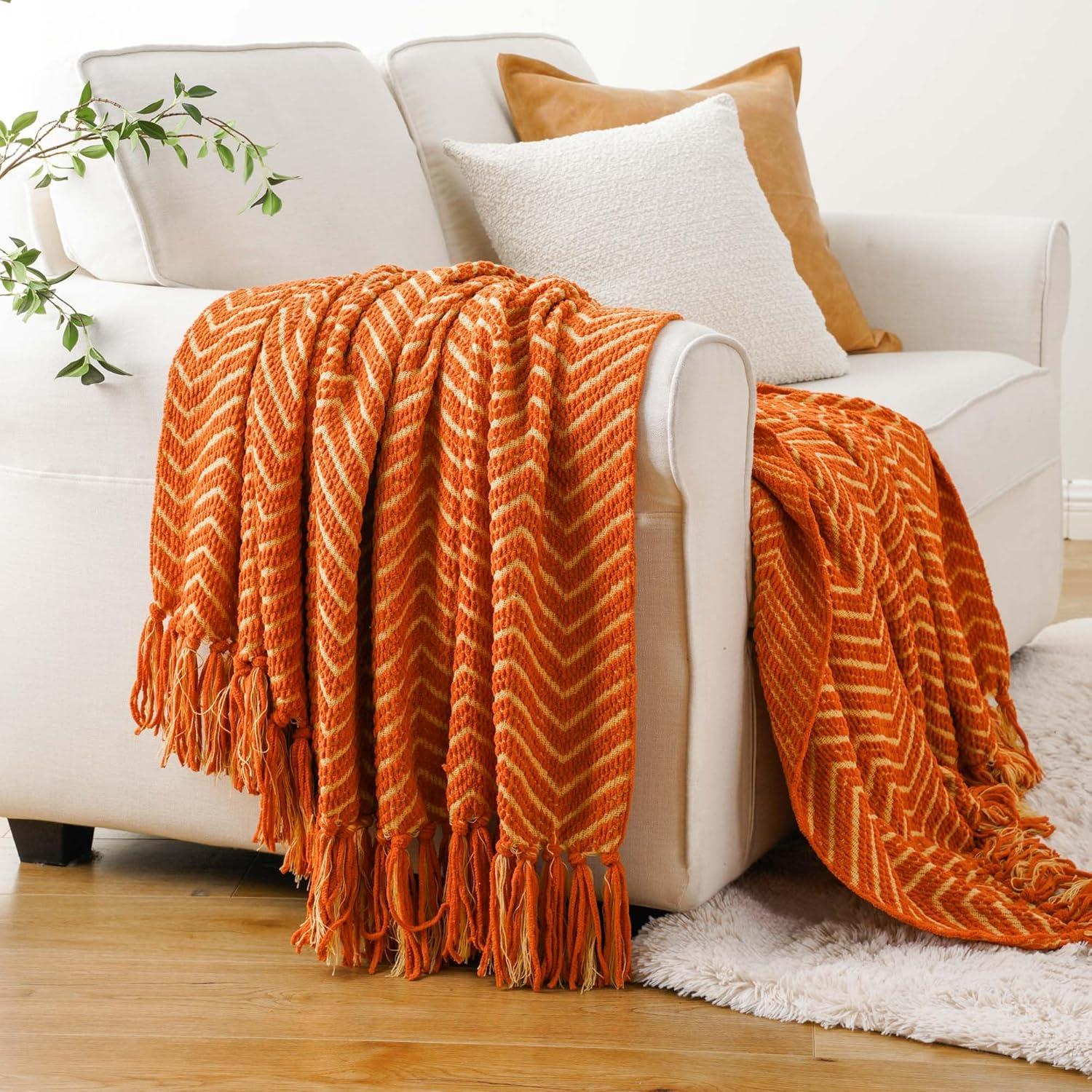 Orange Knitted Reversible Chenille Throw Blanket with Fringe, 50"x60"