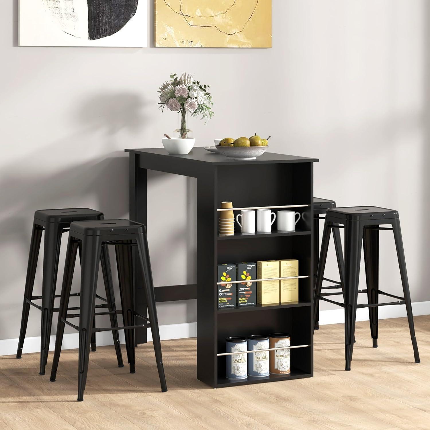 HOMCOM Modern Bar Table Counter Height Dining Table with 3 Storage Shelves for Kitchen, Dining Room, Living Room, Black