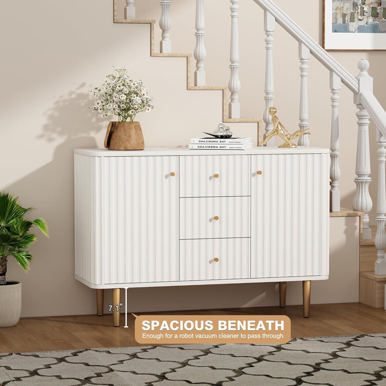Lunale 48" 3-Door Storage Buffet Cabinet, Cabinet with Vertical Stripes Design Doors and Metal Handles for Living Room, White