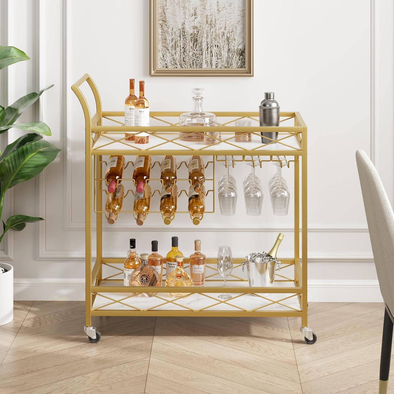 Ataucjin 2 Tier Gold Bar Cart on Wheels Serving Cart With White Marble Finish Wood Shelf Wine Rack & Glass Holder Microwave Cart Drink Cart Rolling Beverage Cart For Home Kitchen Dining Party