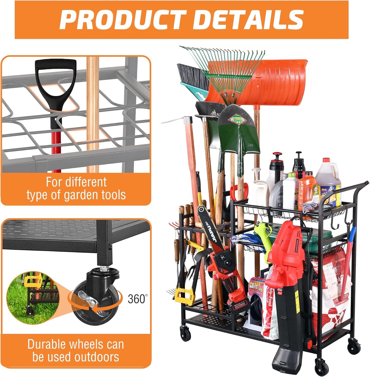 Textiles Hub Garden Tool Organizer With Wheels, Garden Tool Rack, Yard Tool Holder For Rakes, Shovel, Fertilizer, Garden Tool Storage For Garage, Shed, Outdoor