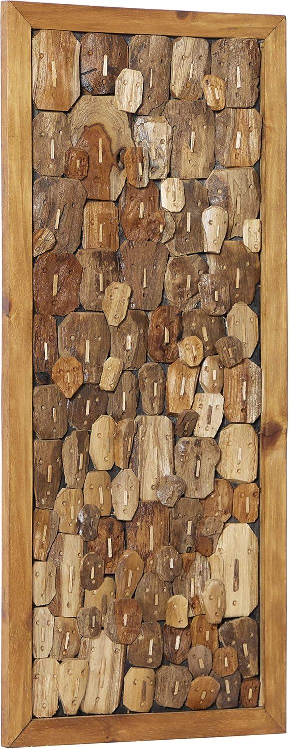 DecMode Brown Teak Wood Handmade Carved Faces Abstract Wall Decor