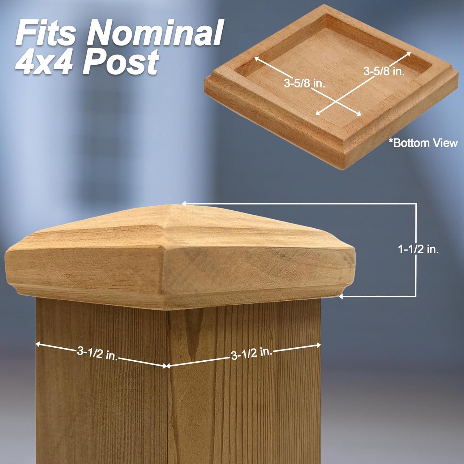 3.5" x 3.5" Wood ONE-Piece Slip Over Post Cap - Traditional Pyramid - One-Piece Miterless - 3/8" Extended Lip - (for 4x4 Post Measuring 3-1/2" x 3-1/2")