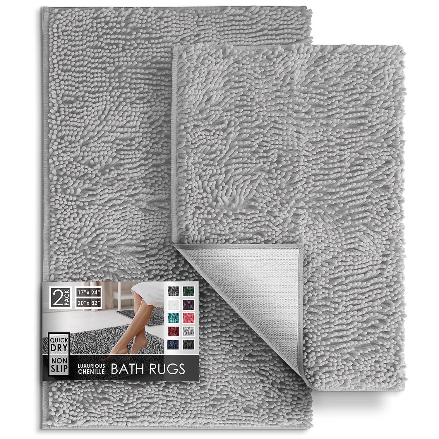 Hearth & Harbor Bathroom Rugs, Chenille Bath Mat - Light Gray Bath Rug, 26x44