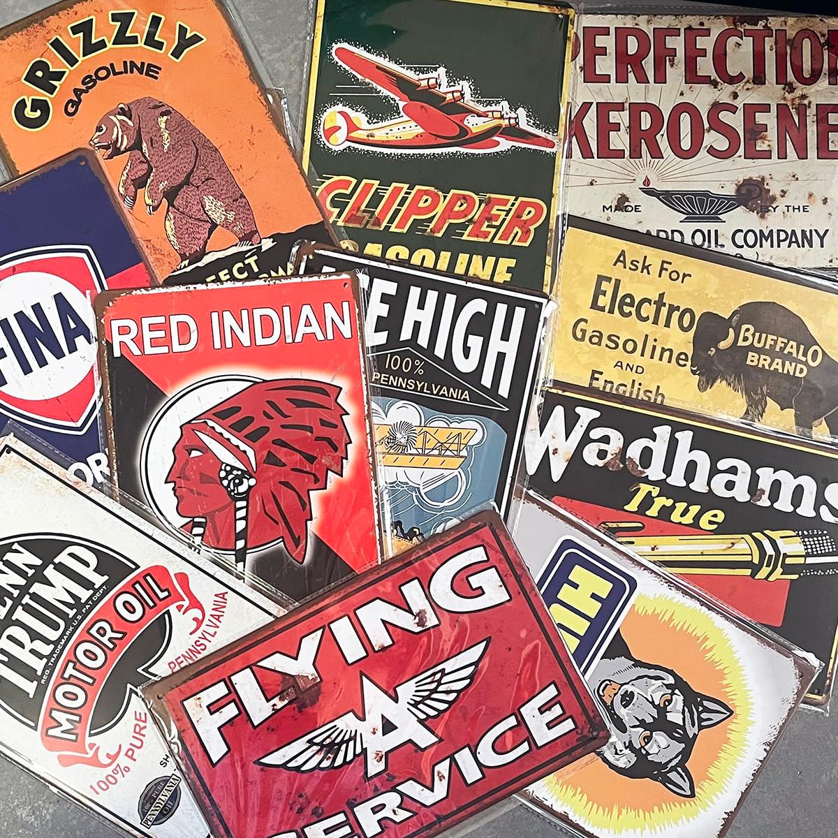 Reproduced Vintage Tin Sign Pack, Gas Oil Retro Advert Antique Metal Signs for Garage Man Cave Bar Kitchen, Nostalgic Car Decor, 8x12 Inch (35 Pieces A)