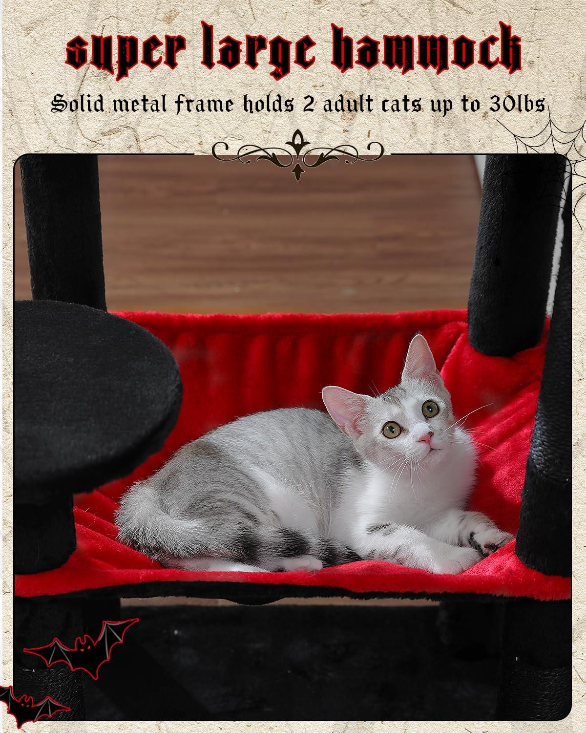 Gothic Cat Tree With Super Large Hammock, Cat Tower With Coffin Bed, Cat Condo, Sisal Scratching Posts & Top Perch, Multi-Level Goth Cat Tree, Halloween