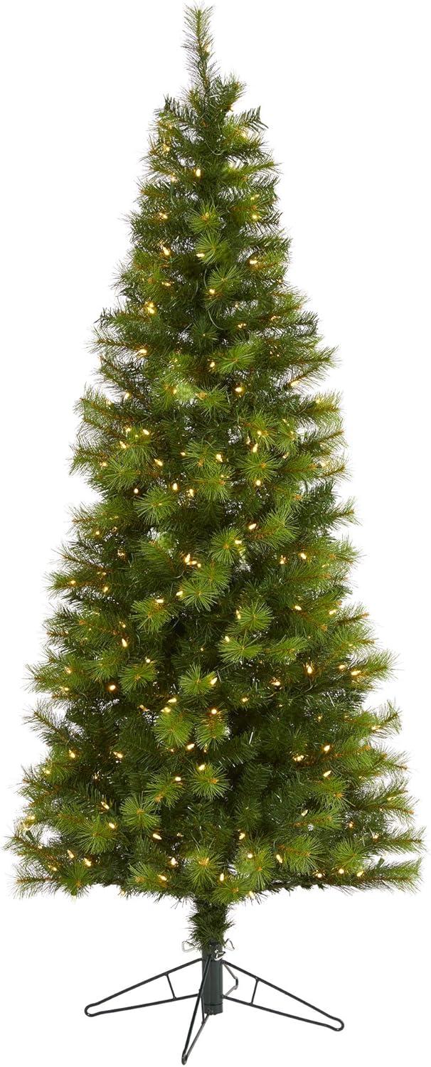 Nearly Natural 6.5-ft Green Valley Pine Artificial Christmas Tree with 300 Warm White LED Lights and 579 Bendable Branches