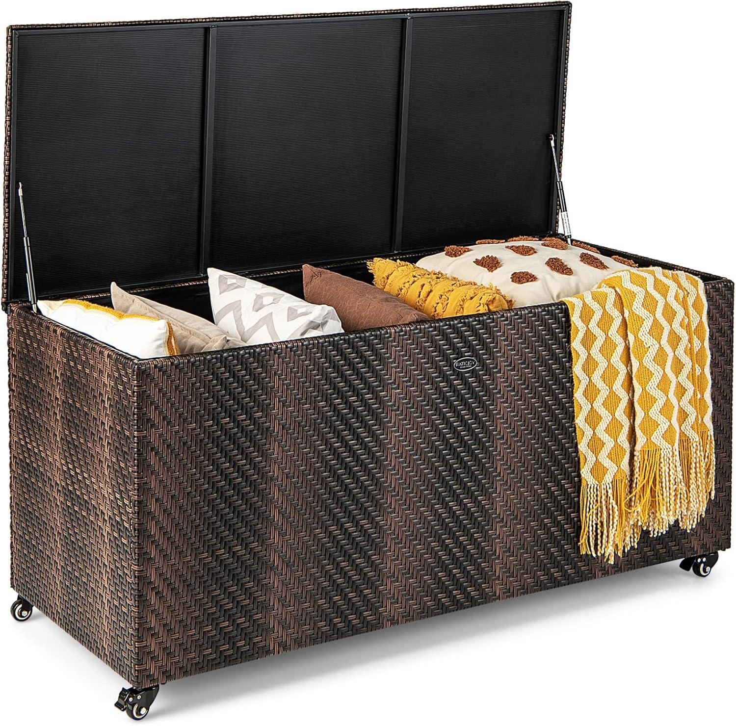 CasaCore 96 Gallon PE Wicker Outdoor Storage Box with 4 Wheels