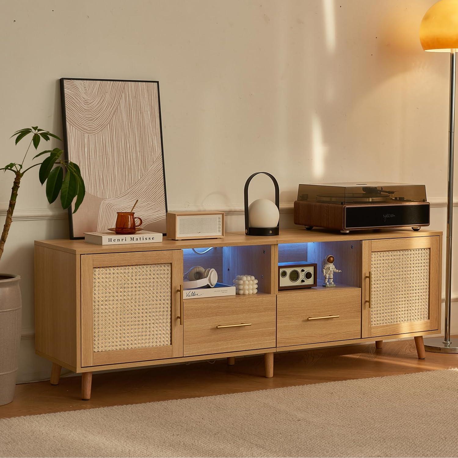 Bay Isle Home™ Heyer Large Wood Rattan TV Stand for TVs up to 75" with LED Light and Charging Station, Coastal Media Console Table, Multimedia Storage Furniture with 2 Drawers, Lighting TV Cabinet  & Reviews | Wayfair