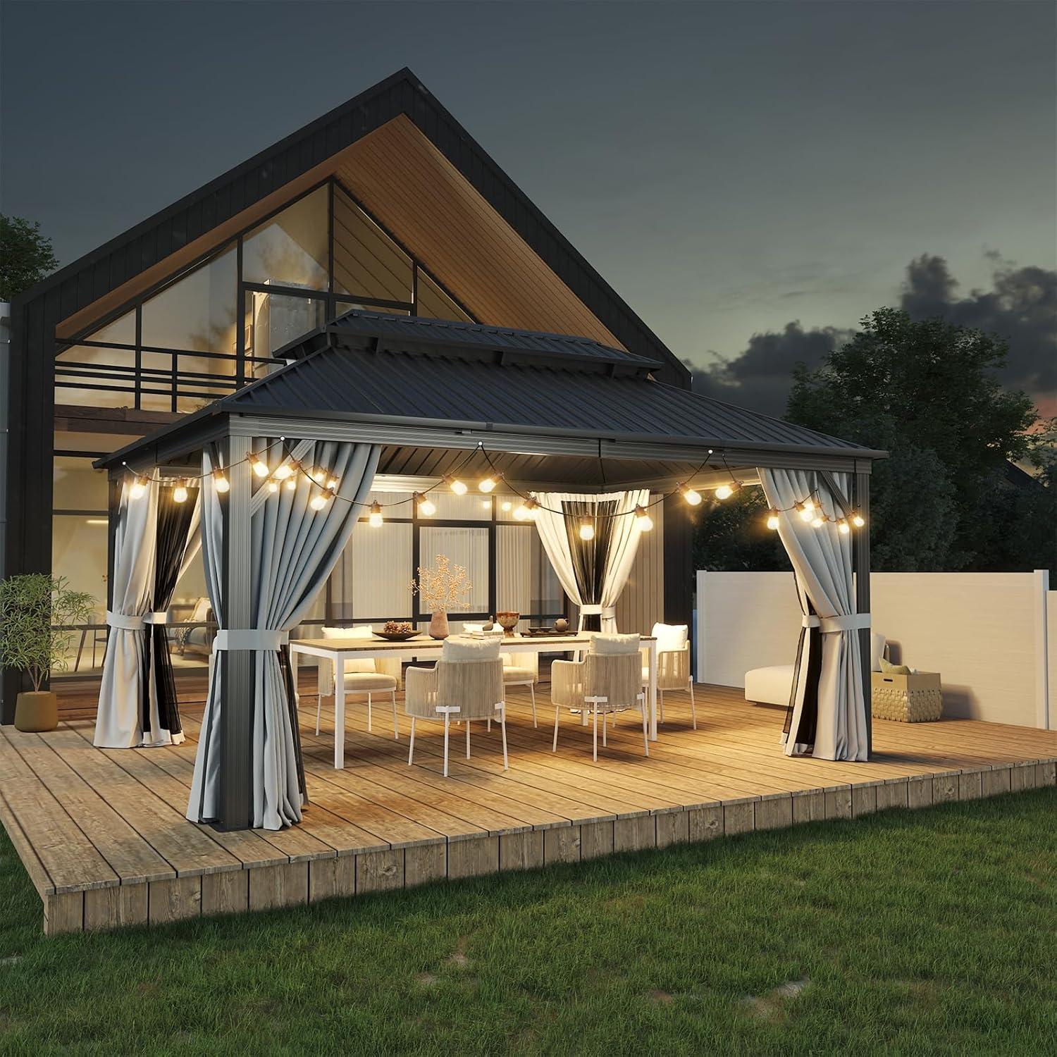 Kozyard Kozyard Alexander Gray Double Roof Hardtop Gazebo with Privacy Curtain Mosquito Netting
