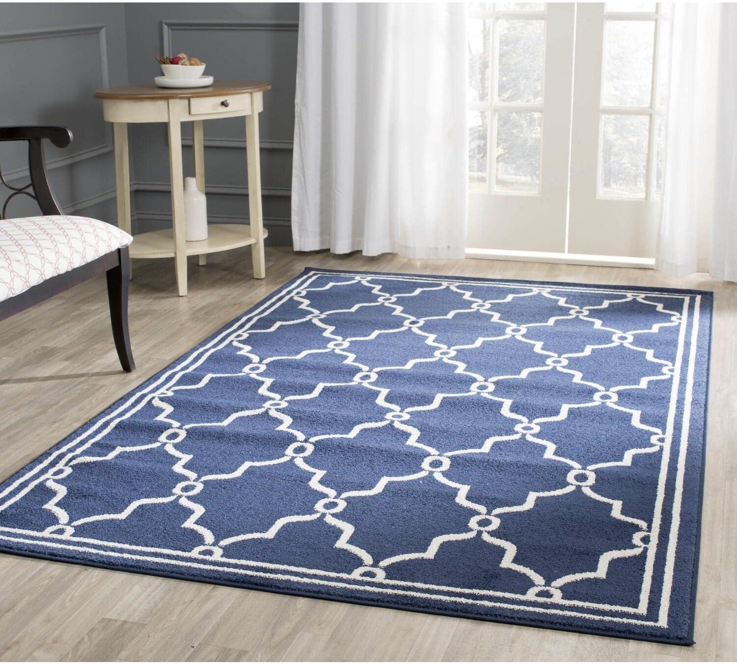 Navy & Beige Geometric Cotton Blend 27"x11" Easy-Care Rug