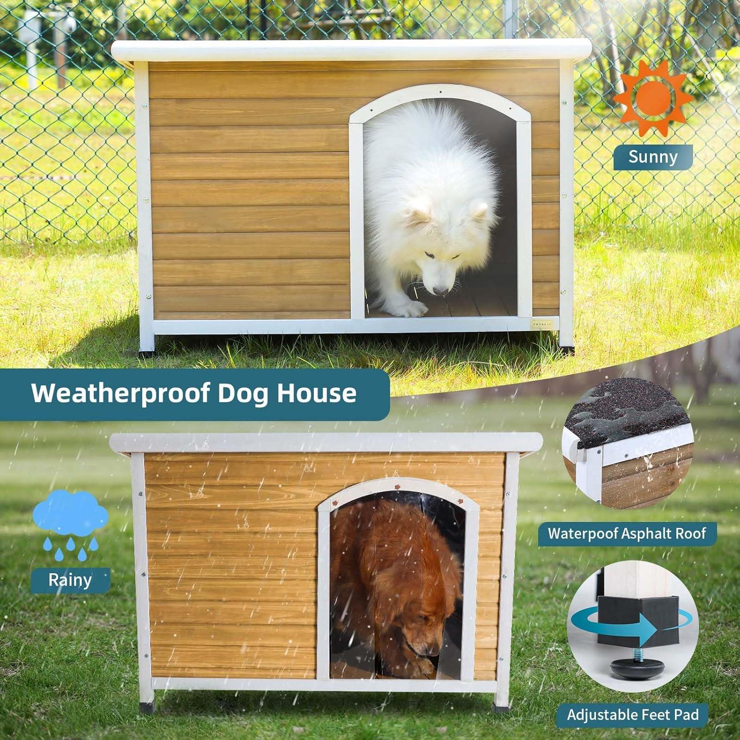 Petsfit Wooden Dog House for Medium to Large Dogs, Yellow and White, large/45.6" x 30.9" x 32.1"