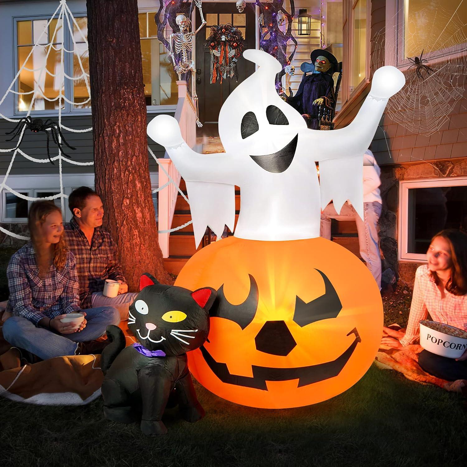 5 FT Halloween Inflatable Spooky Pumpkin with Ghost and Black Cat