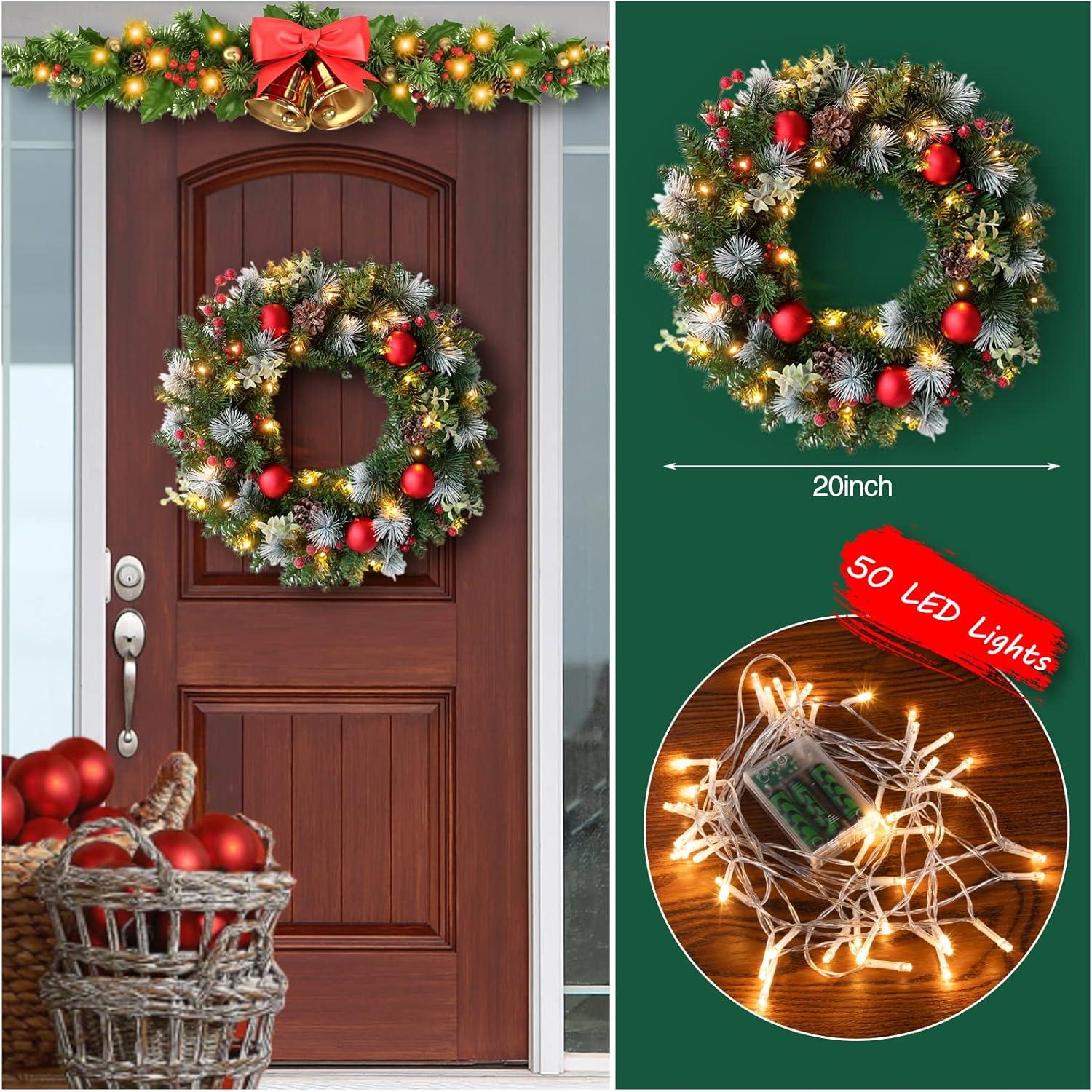 Christmas Wreath with Lights Artificial Christmas Wreath Decorated with Pine Cones Berry Clusters Frosted Branches Ball Ornaments Christmas Decorations for Window Indoor & Outdoor.