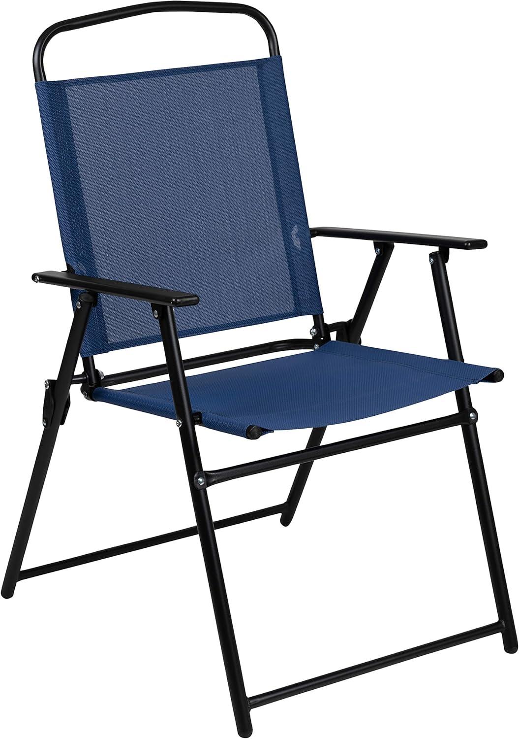 Emma and Oliver 6 Piece Navy Patio Garden Set with Umbrella Table and Set of 4 Folding Chairs