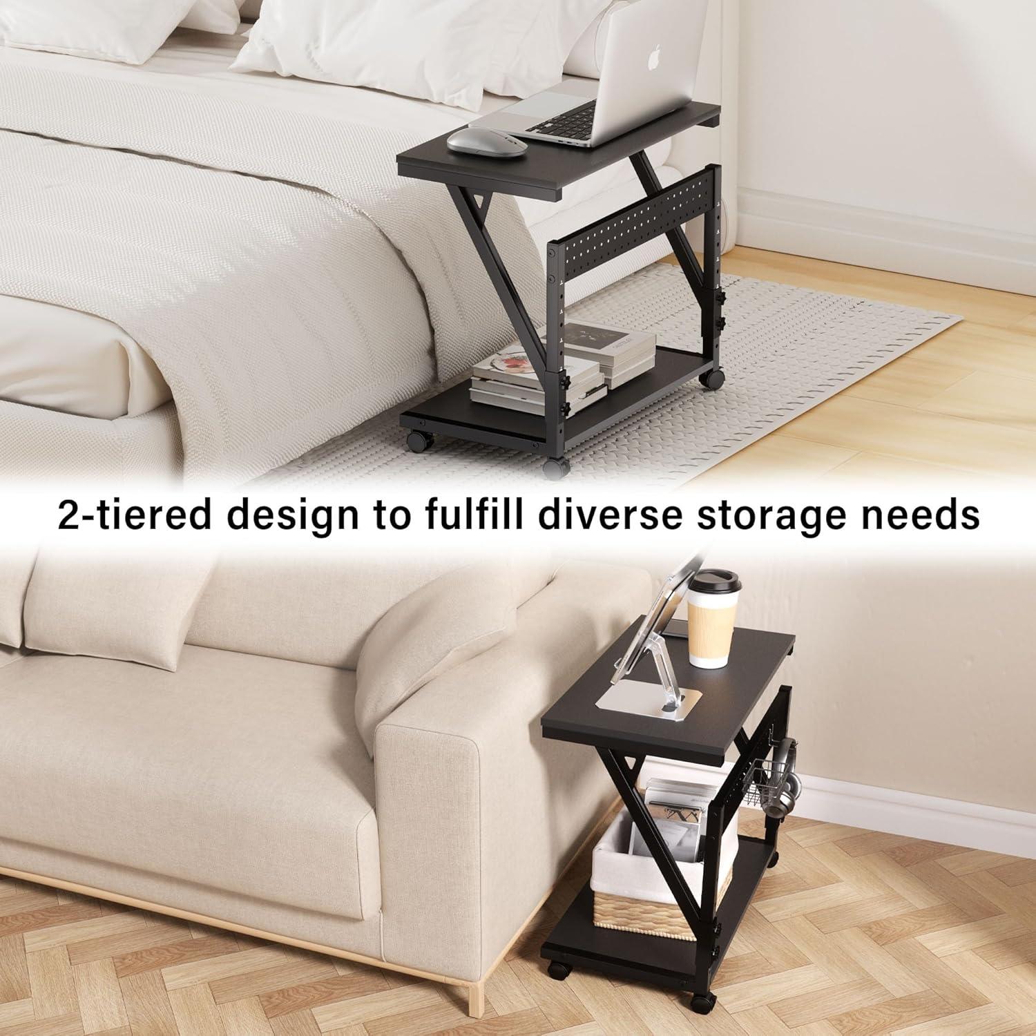 Computer Tower Cart - Height Adjustable PC Stand, 2-Tier ATX-Case CPU Holder Home Office Gaming Desk Accessories with Rolling Lockable Wheels, Laptop Table Standing Computer Desk, Rustic Black