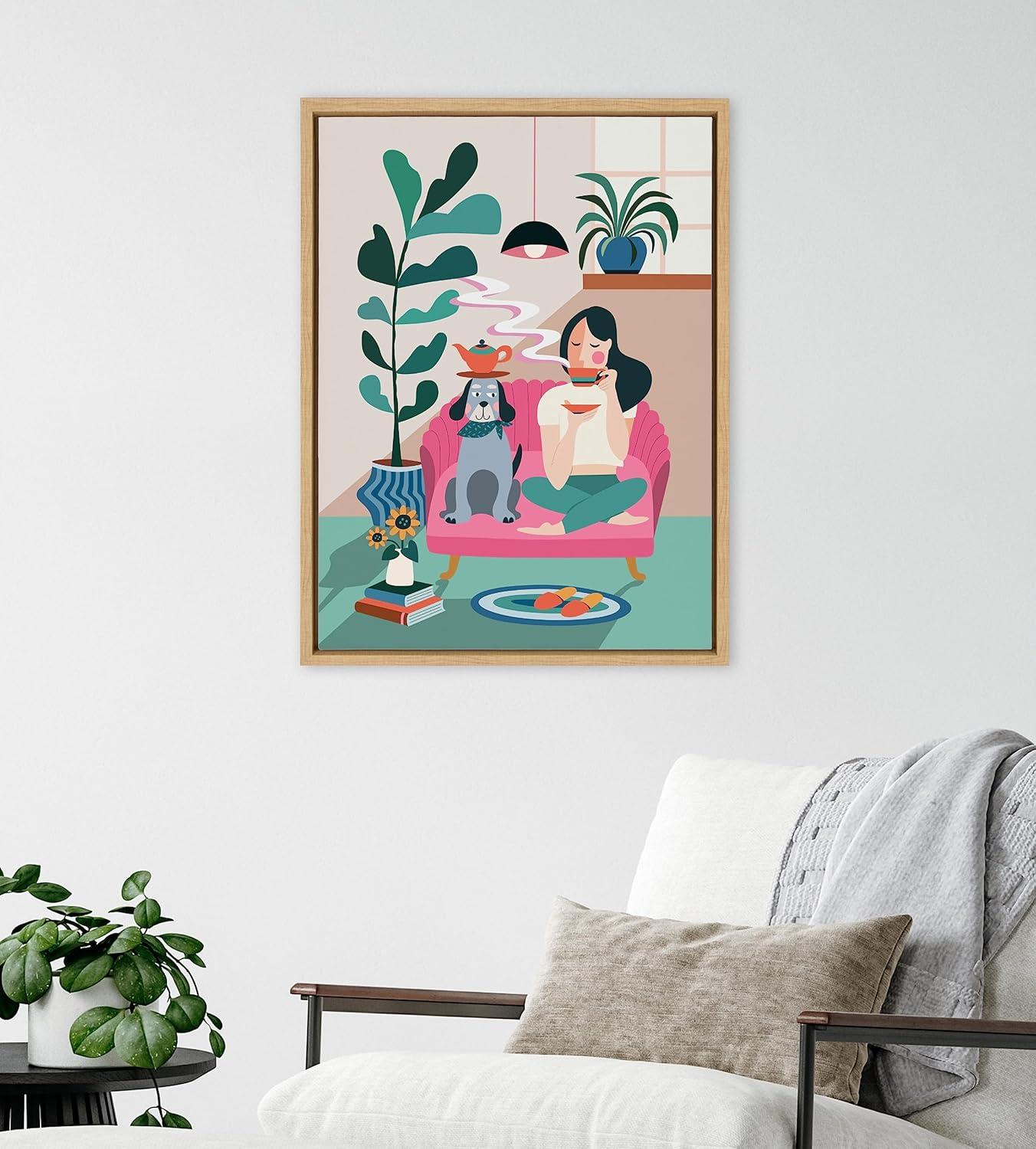 Kate and Laurel Sylvie Mid Century Modern Tea Time Framed Canvas Wall Art by Rachel Lee of My Dream Wall, 18x24 Natural, Modern Colorful Pattern Illustration Art for Wall