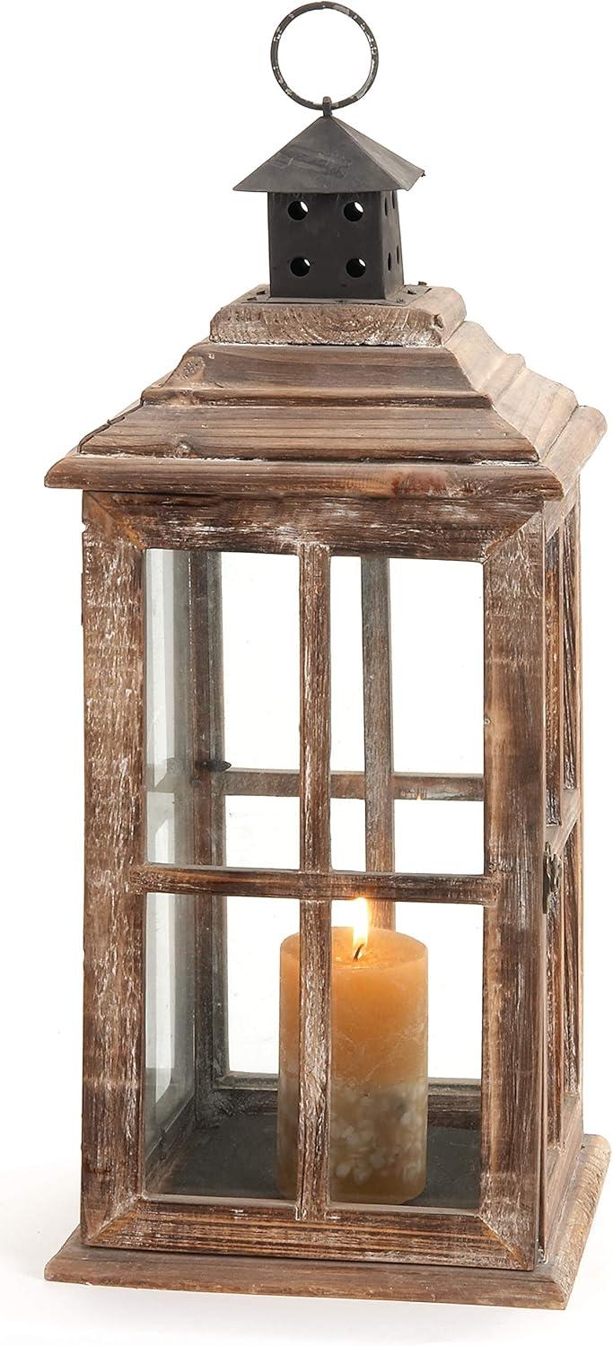 Brown Fir Wood and Glass Traditional Candle Lantern