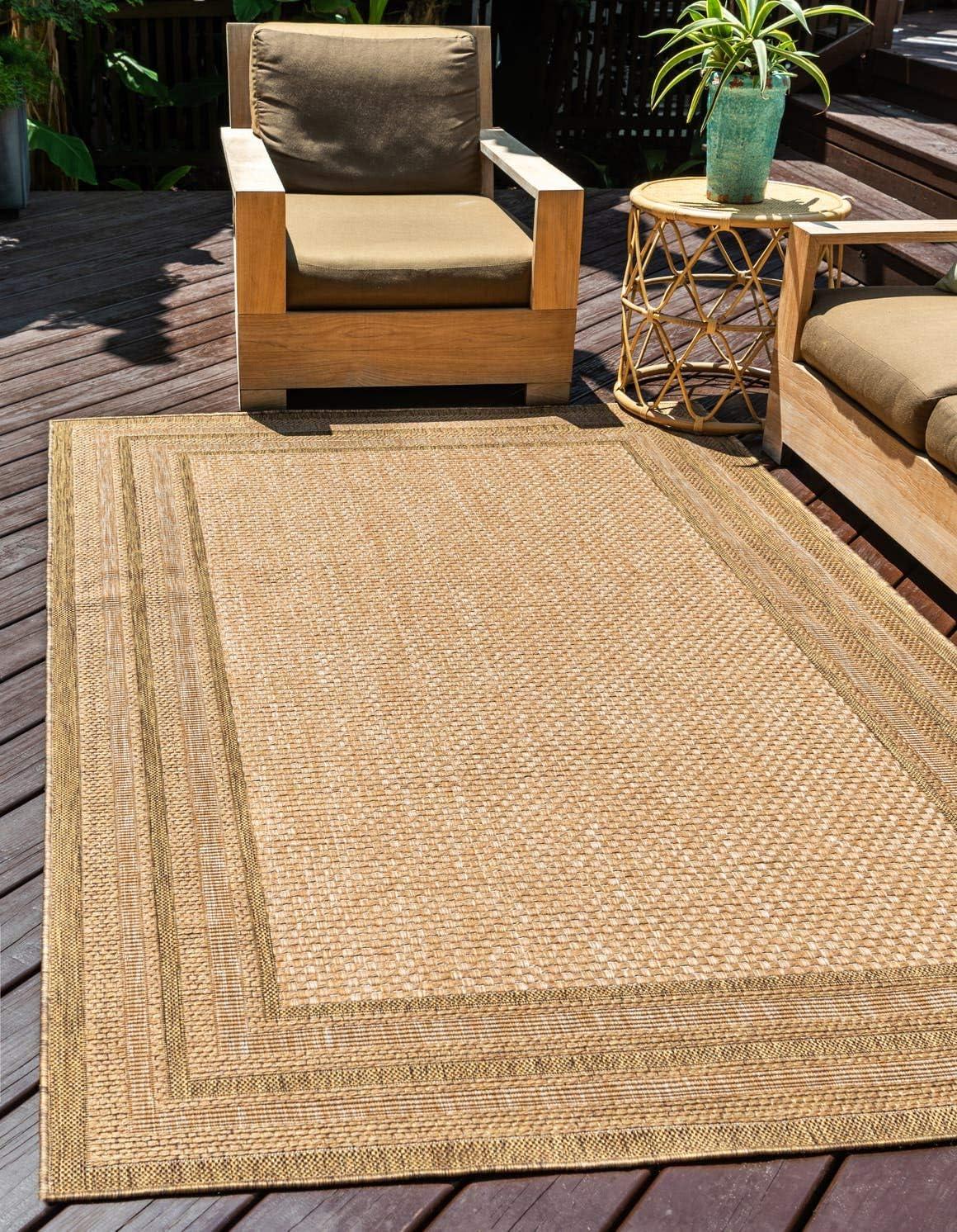 Unique Loom Outdoor Border Collection Area Rug - Multi Border (5' 3" x 8' Rectangle Tan/Light Brown)