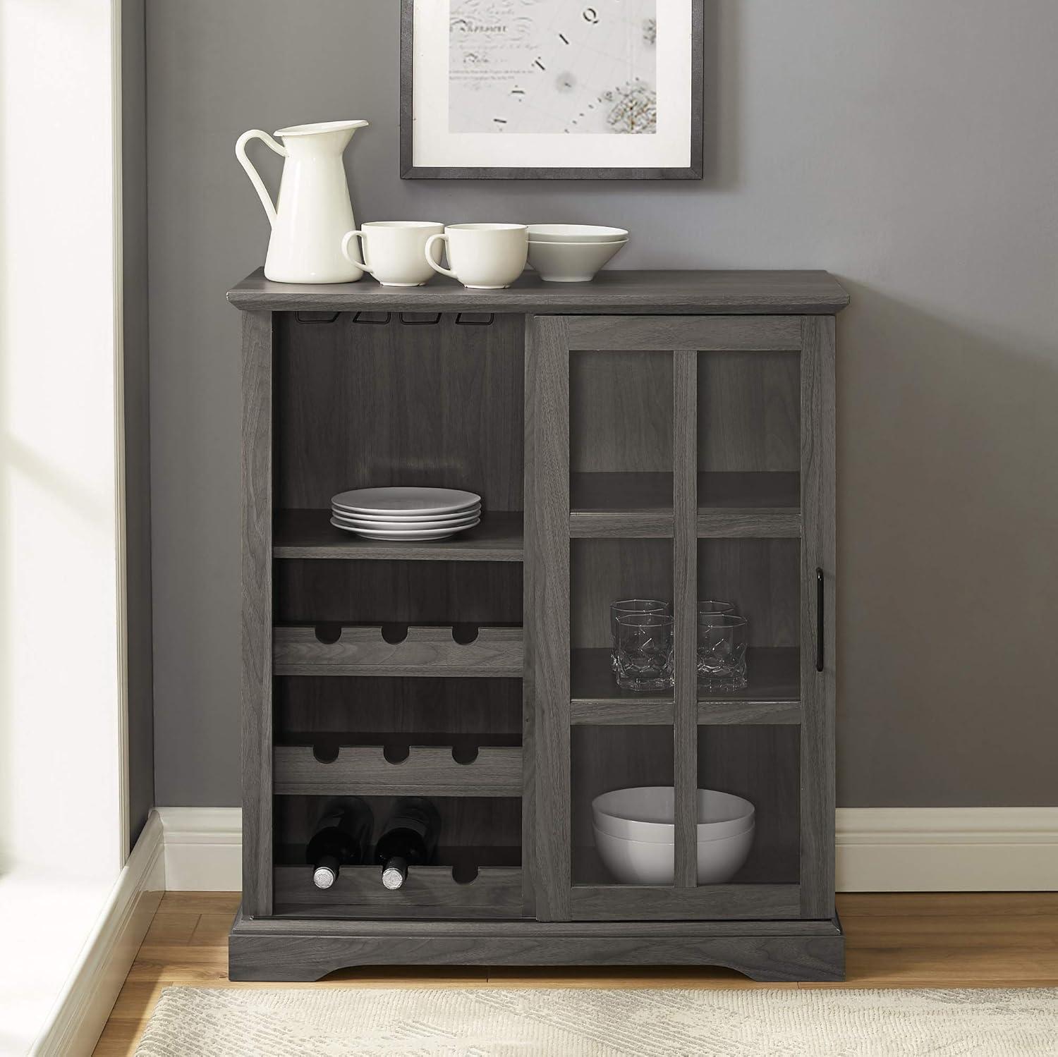 Lewes Sliding Glass Door Dark Walnut Bar Cabinet by Walker Edison