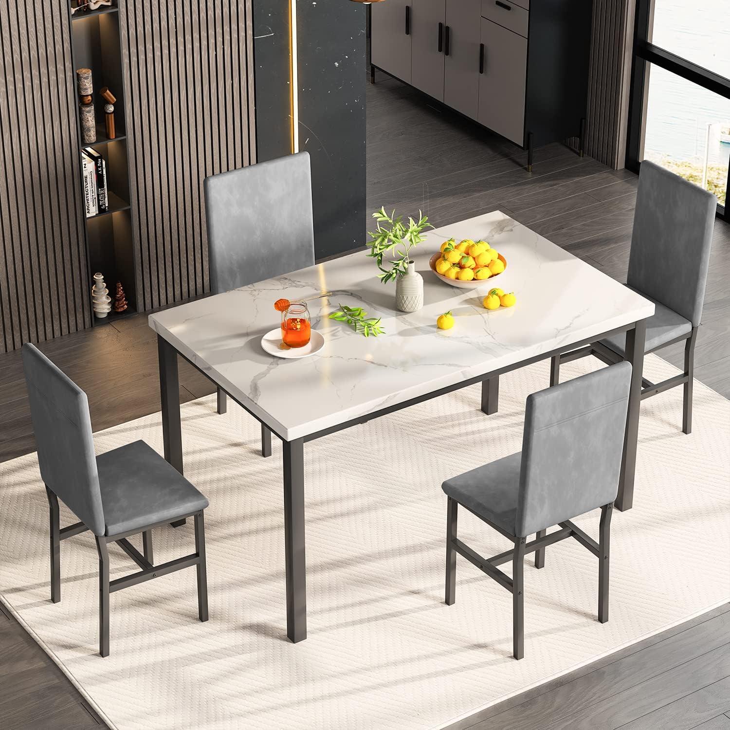 Recaceik 5-Piece Marble Dining Table Set with 4 Velvet Metal Frame Chairs for 4, 31.2"H Table