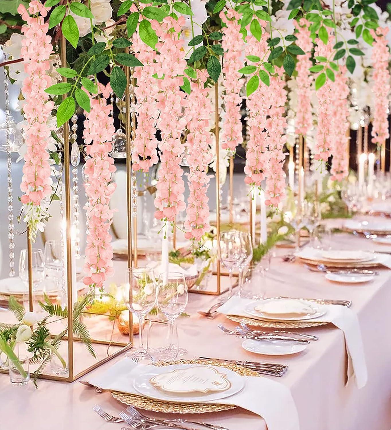 Wisteria Hanging Flowers 24 Pack Fake Flower Garland Artificial Wisteria Vines Rattan Silk Flower String Wedding Party Wall Decorations,Blush Pink