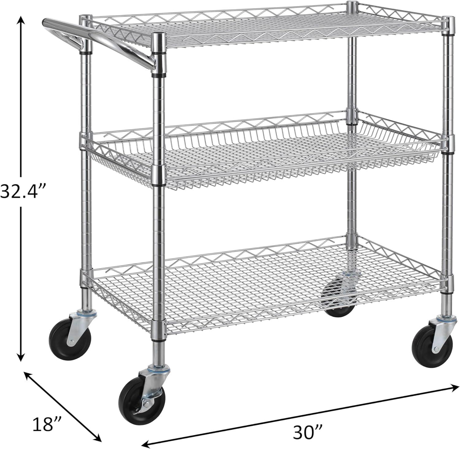 Heavy Duty 3 Tier Rolling Utility Cart Kitchen Cart on Wheels Metal Serving Cart Commercial Grade with Wire Shelving and Handle Bar for Kitchen Office Hardware