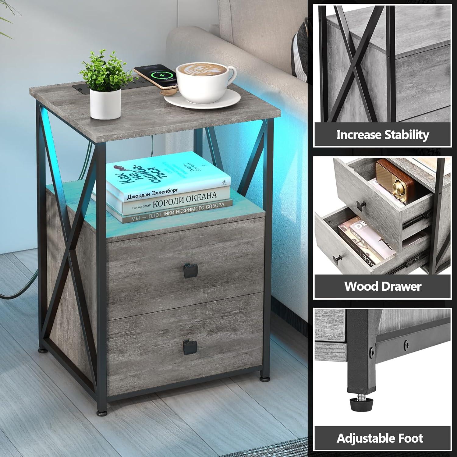 End Table Set of 2 with LED Light, Night Stand with Wireless Charger, Side Table with Storage, Grey End Tables with USB and Outlets, Bedside Table with Wood Drawers for Bedroom, Living Room