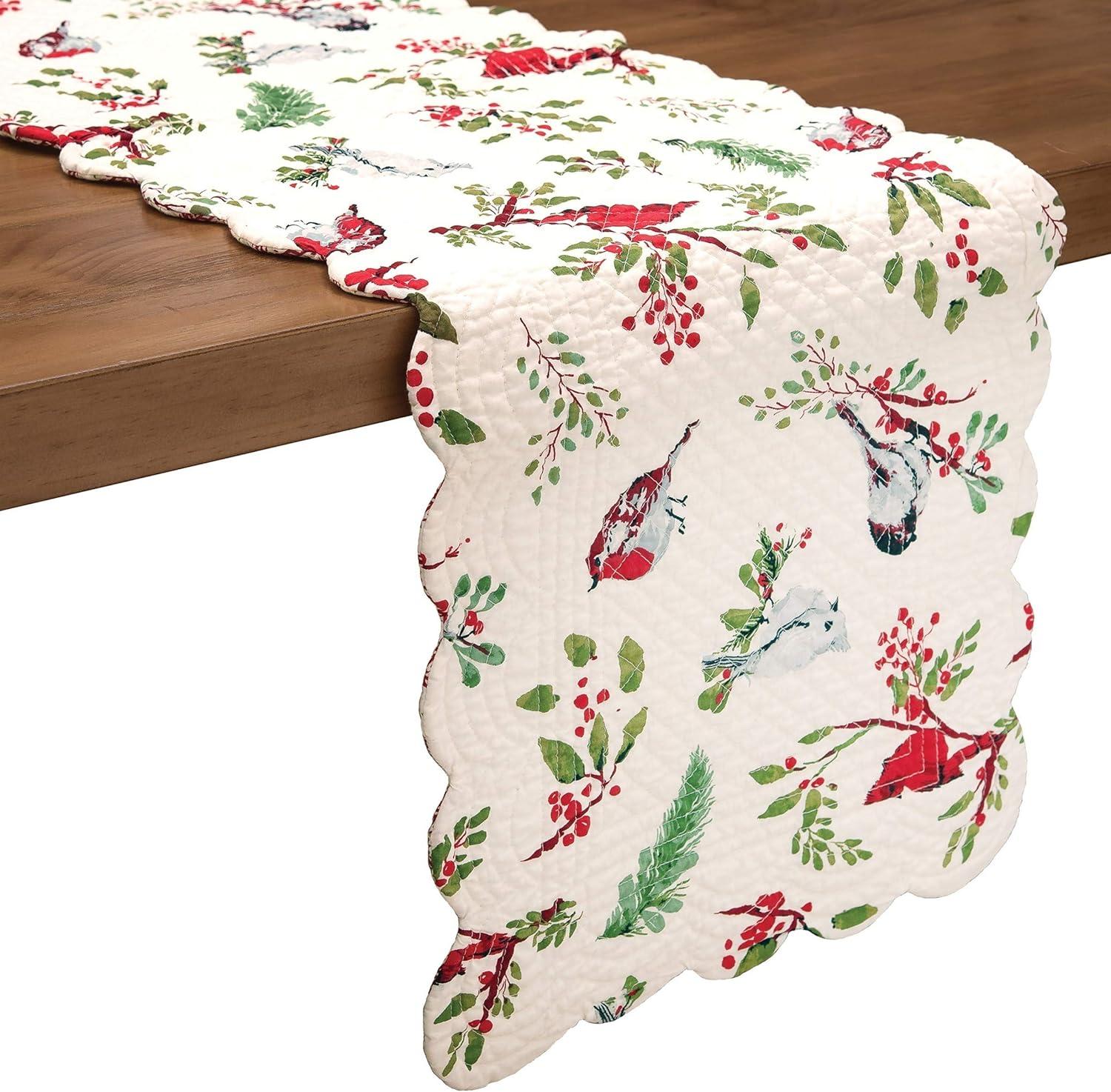 Winter Birds Cotton Table Runner with Holly Sprigs