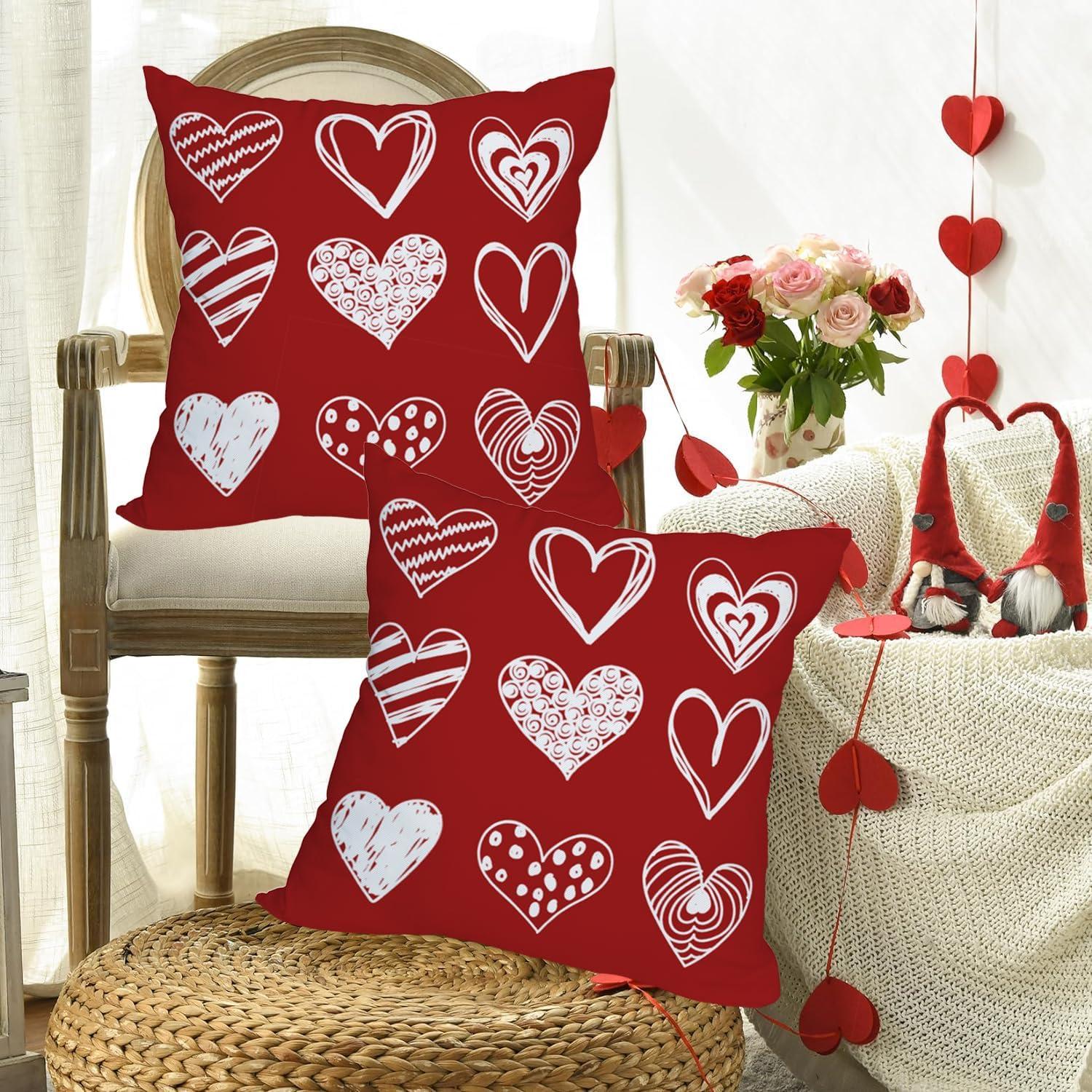 Red and White Polyester Valentine's Day Heart Pillow Covers 18x18 Inch Set