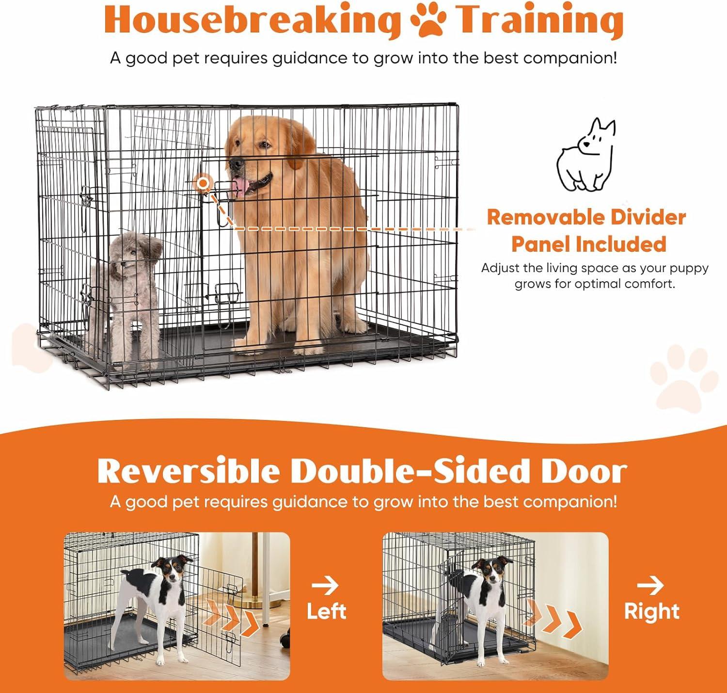 EDX Big Dog Crate with Divider Panel, 48 Inch Double Door Folding Metal Wire Dog Cage with Plastic Leak-Proof Pan Tray