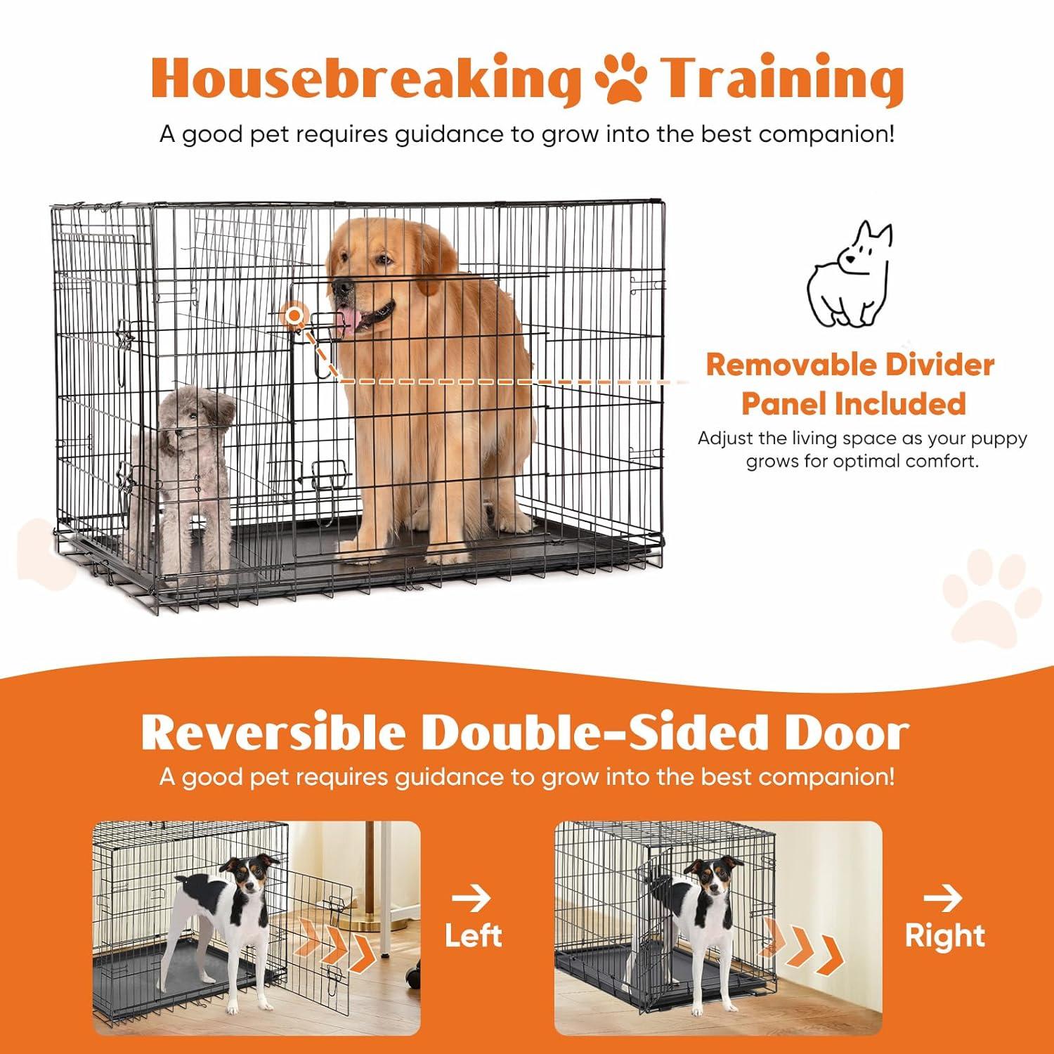 EDX Big Dog Crate with Divider Panel, 48 Inch Double Door Folding Metal Wire Dog Cage with Plastic Leak-Proof Pan Tray