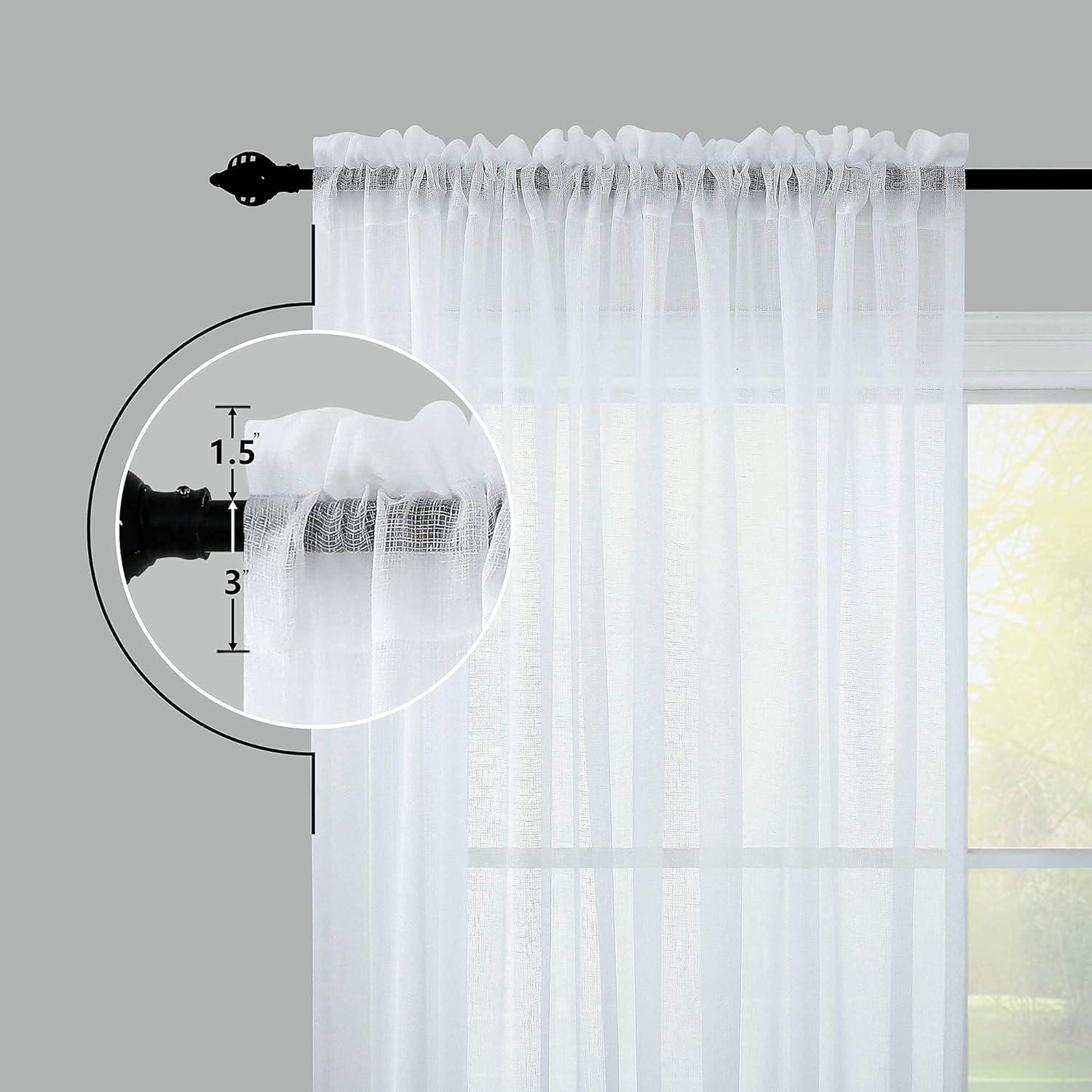 White Linen Semi-Sheer Light-Filtering Rod Pocket Curtains, 63" Length