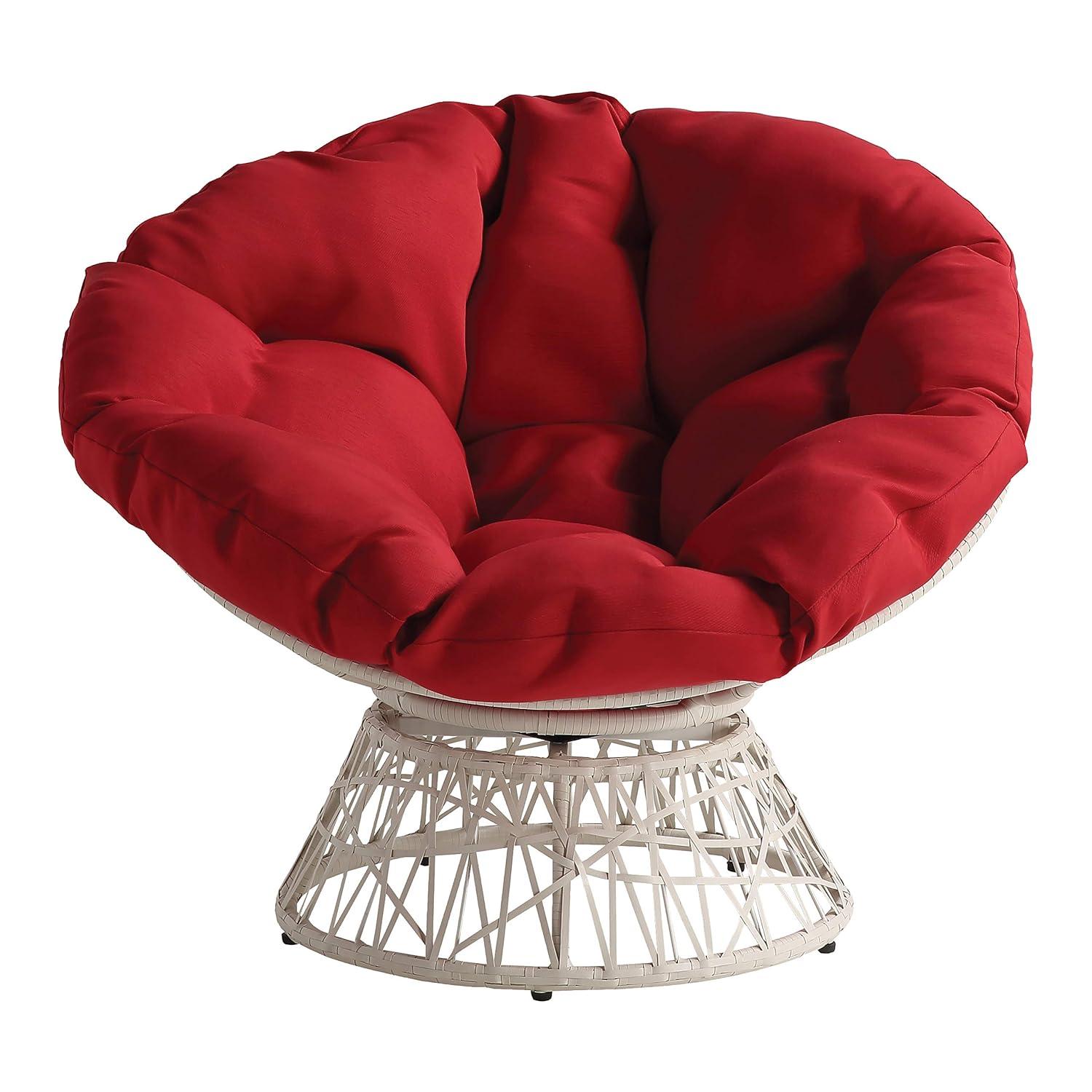 Papasan Chair with Red Round Fabric Pillow Cushion and Cream Wicker Weave