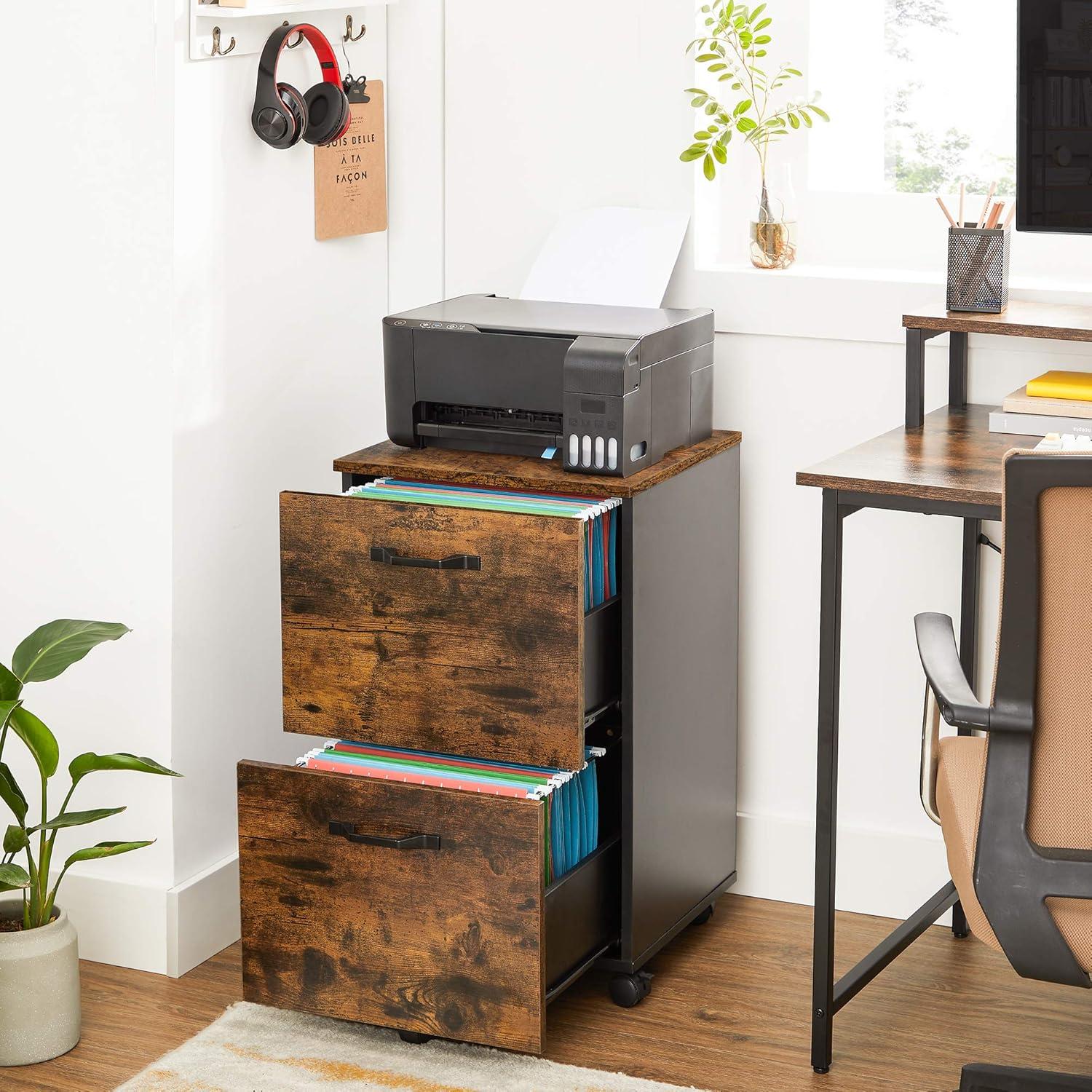 Rustic Brown and Black 2-Drawer Mobile Lockable File Cabinet