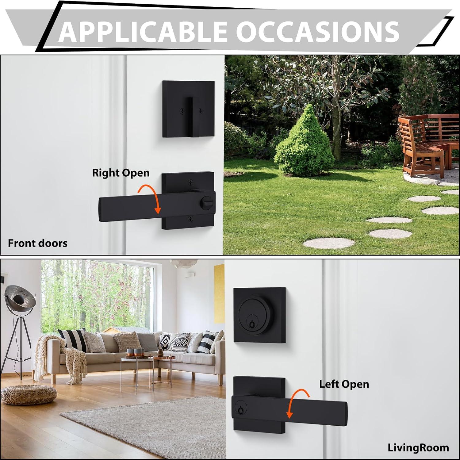 Front Door Handle and Deadbolt Set, Matte Black Exterior Door Lock Set with Deadbolt, Front Door Handles and Locks (2 Pack)