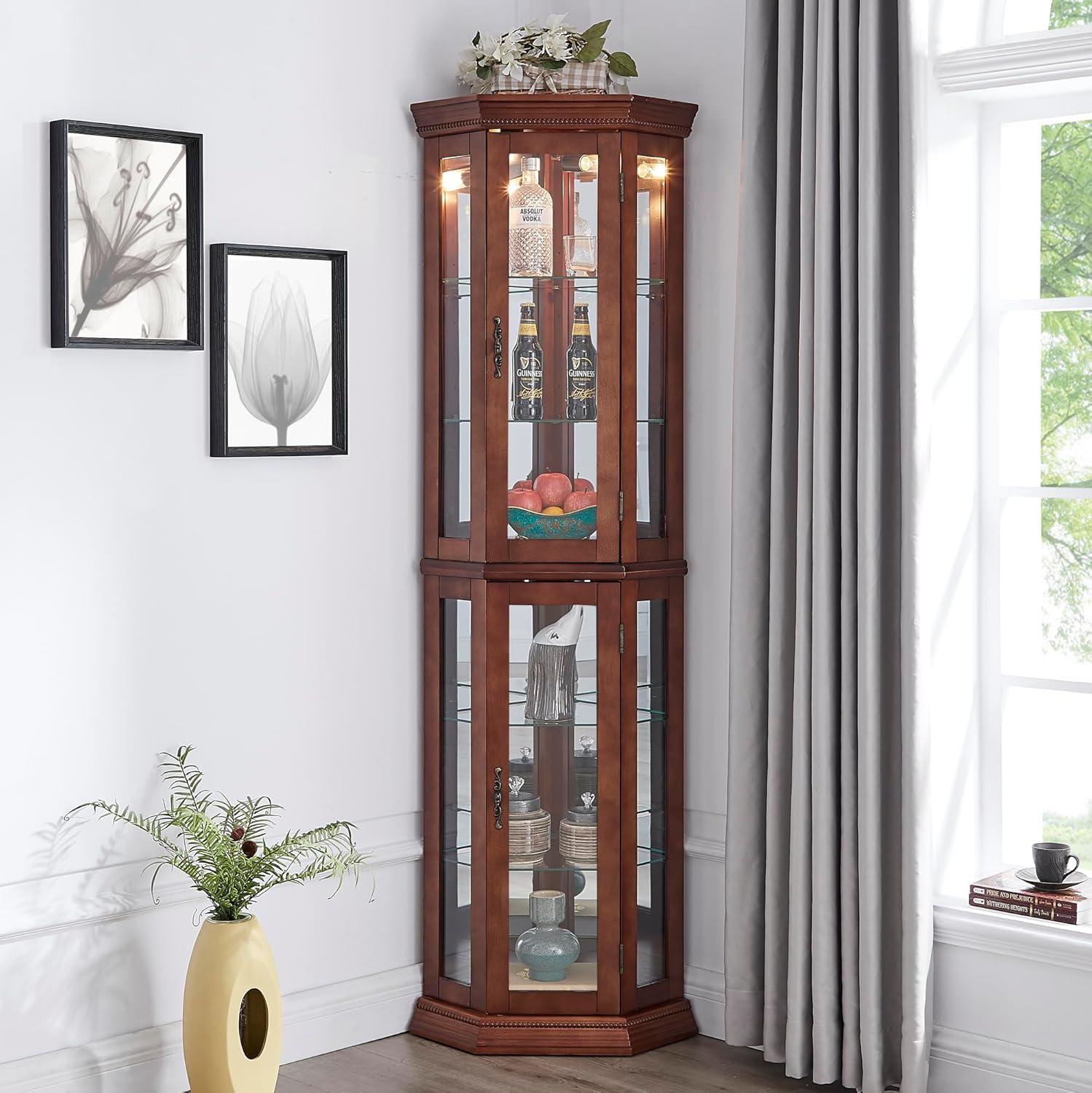 Walnut Lighted Corner Curio Cabinet with Glass Shelves