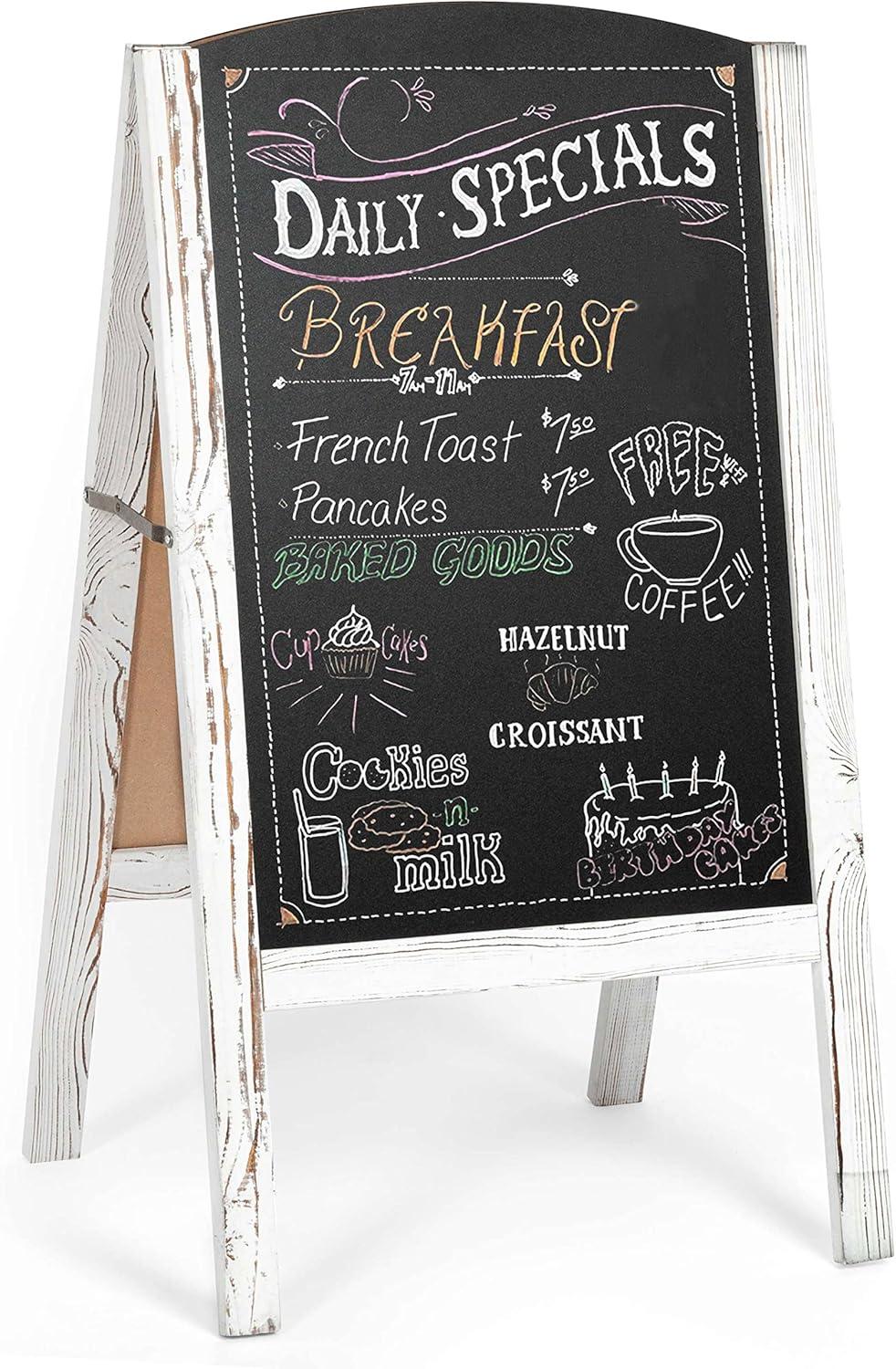 Ilyapa A-Frame Chalkboard Sidewalk Sign - Rounded Top Folding Standing Sandwich Sign for Restaurant, Office, Weddings - Rustic White, 18 x 31.5